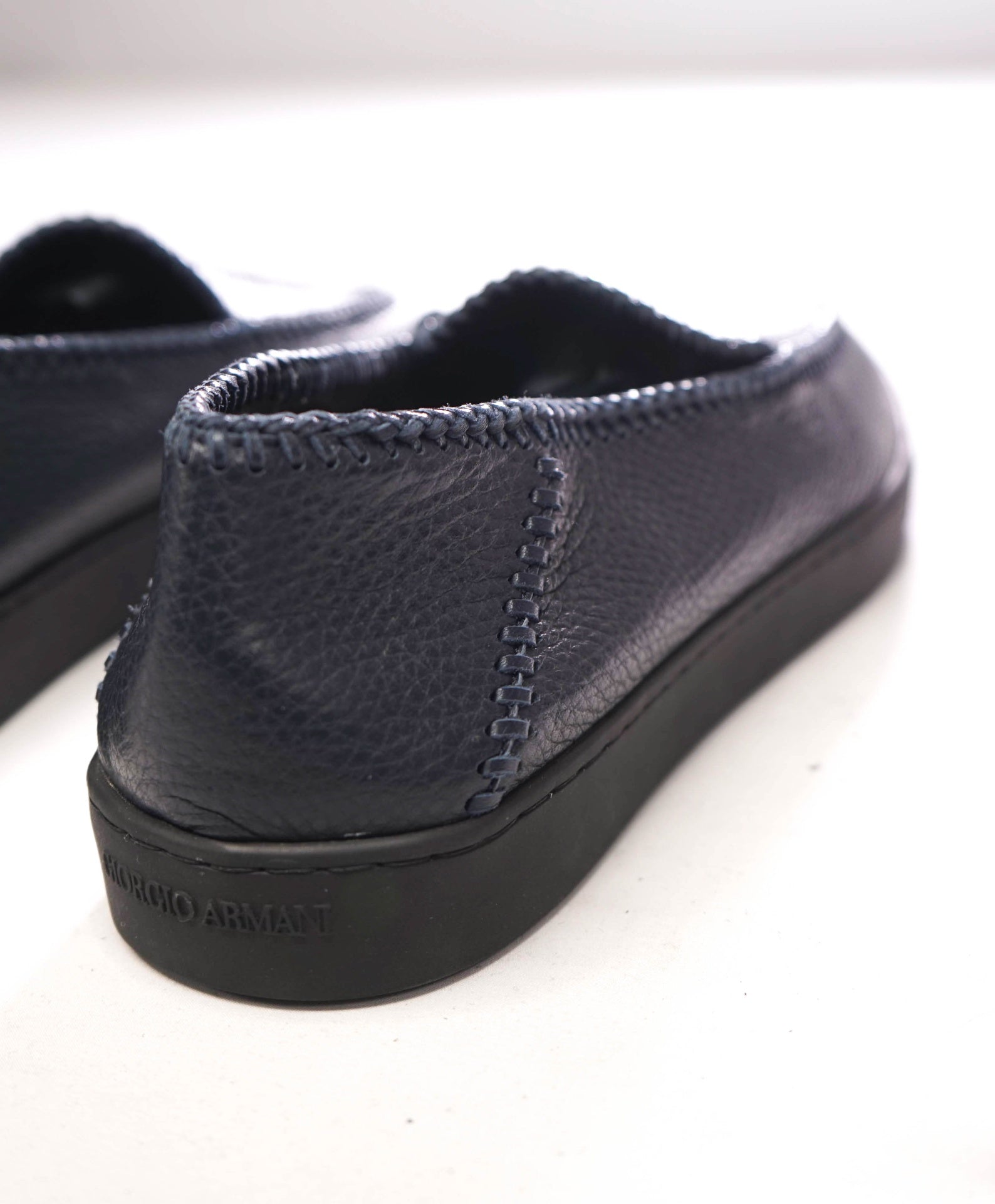 $1,400 GIORGIO ARMANI - Navy Blue Leather Whipstitch-detail Loafers - 9.5