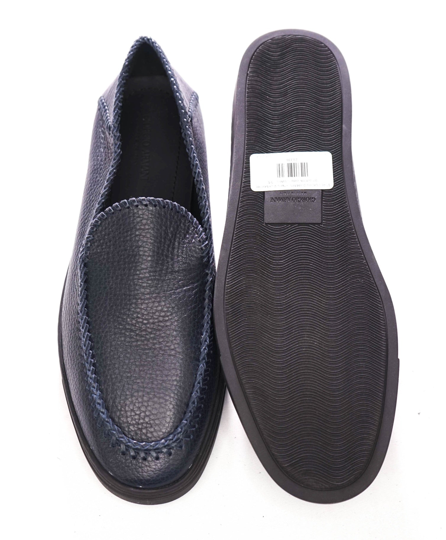 $1,400 GIORGIO ARMANI - Navy Blue Leather Whipstitch-detail Loafers - 9.5