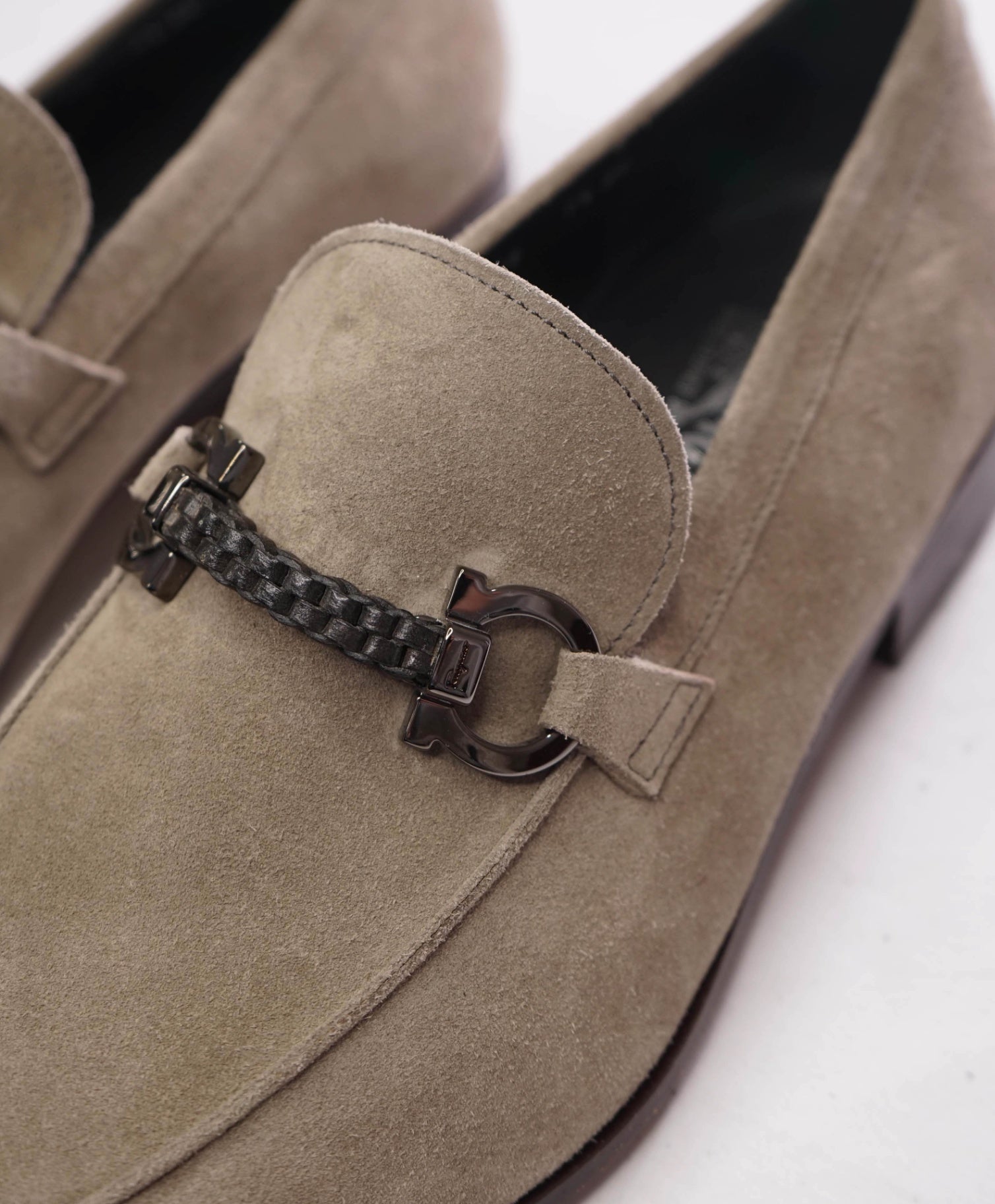 $860 FERRAGAMO - Gray Suede Loafers Gancini Bit - 7.5 EE