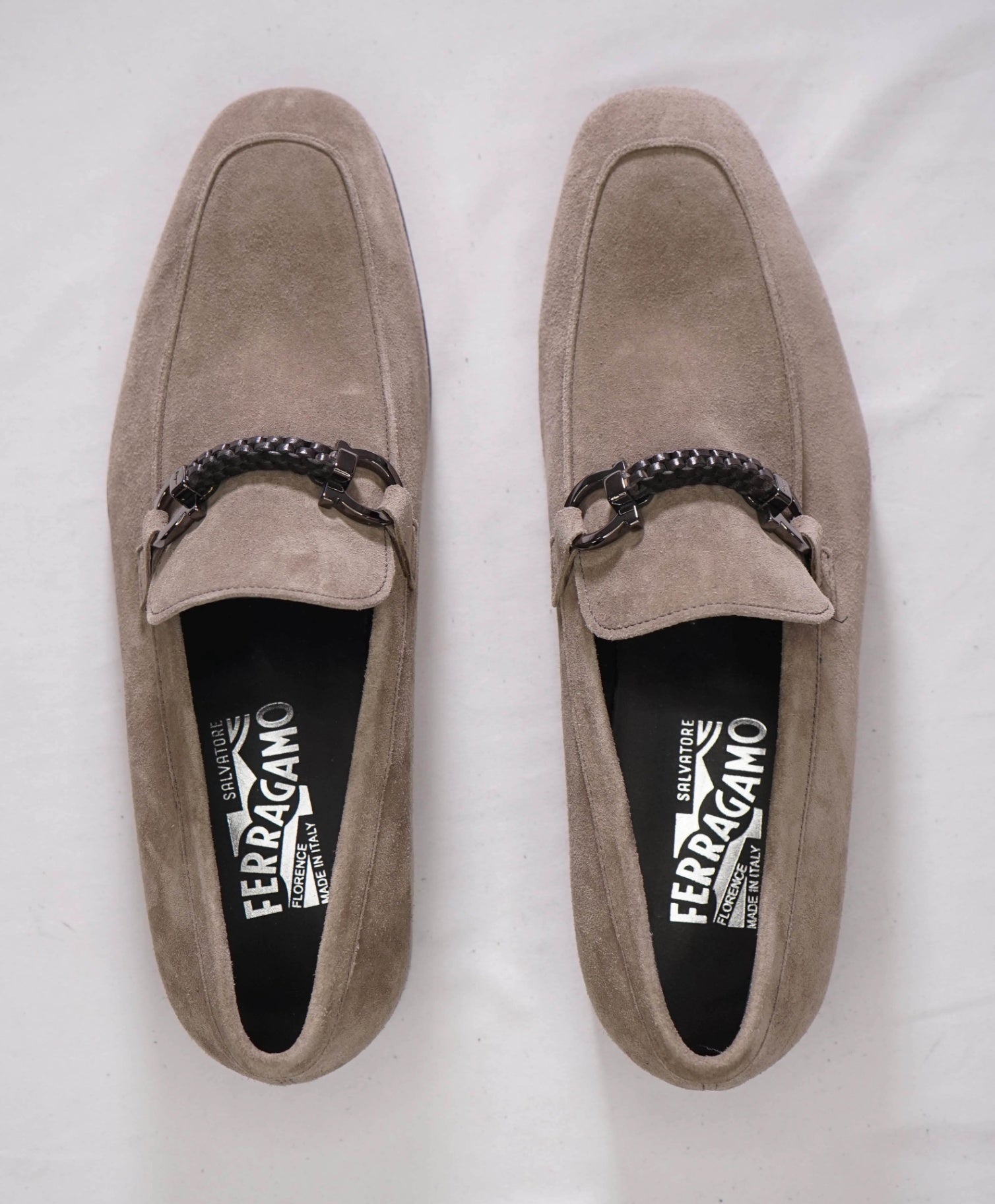 $860 FERRAGAMO - Gray Suede Loafers Gancini Bit - 7.5 EE
