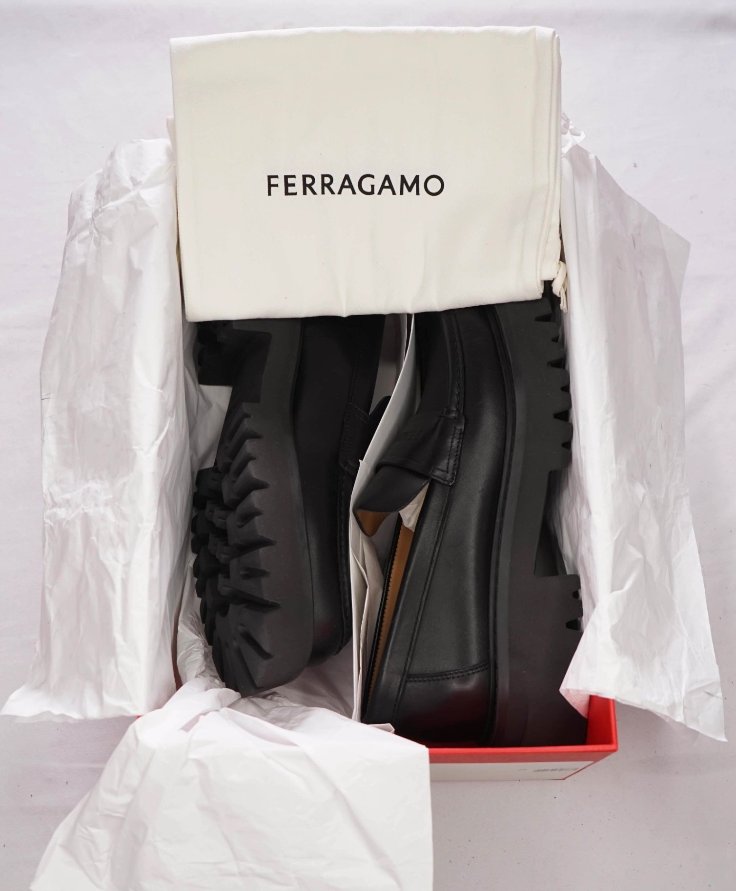 $995 FERRAGAMO - Leather Black "FERGAL" Lug Sole Loafers - 10.5 EE