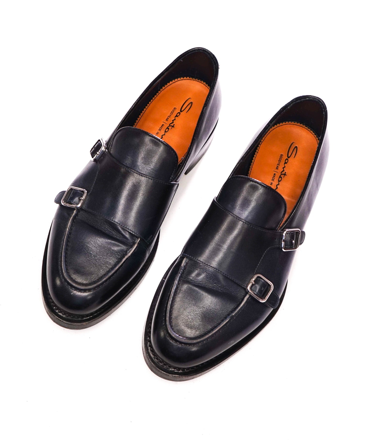$1,595 SANTONI - *GOODYEAR* Navy Blue Leather Monk Loafers - US 9.5 (UK 8.5)