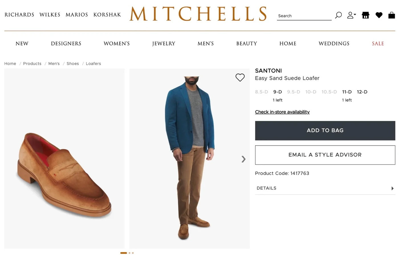 $750 SANTONI "Easy" Light Brown Sand Suede Loafers - US 9.5 (UK8.5)