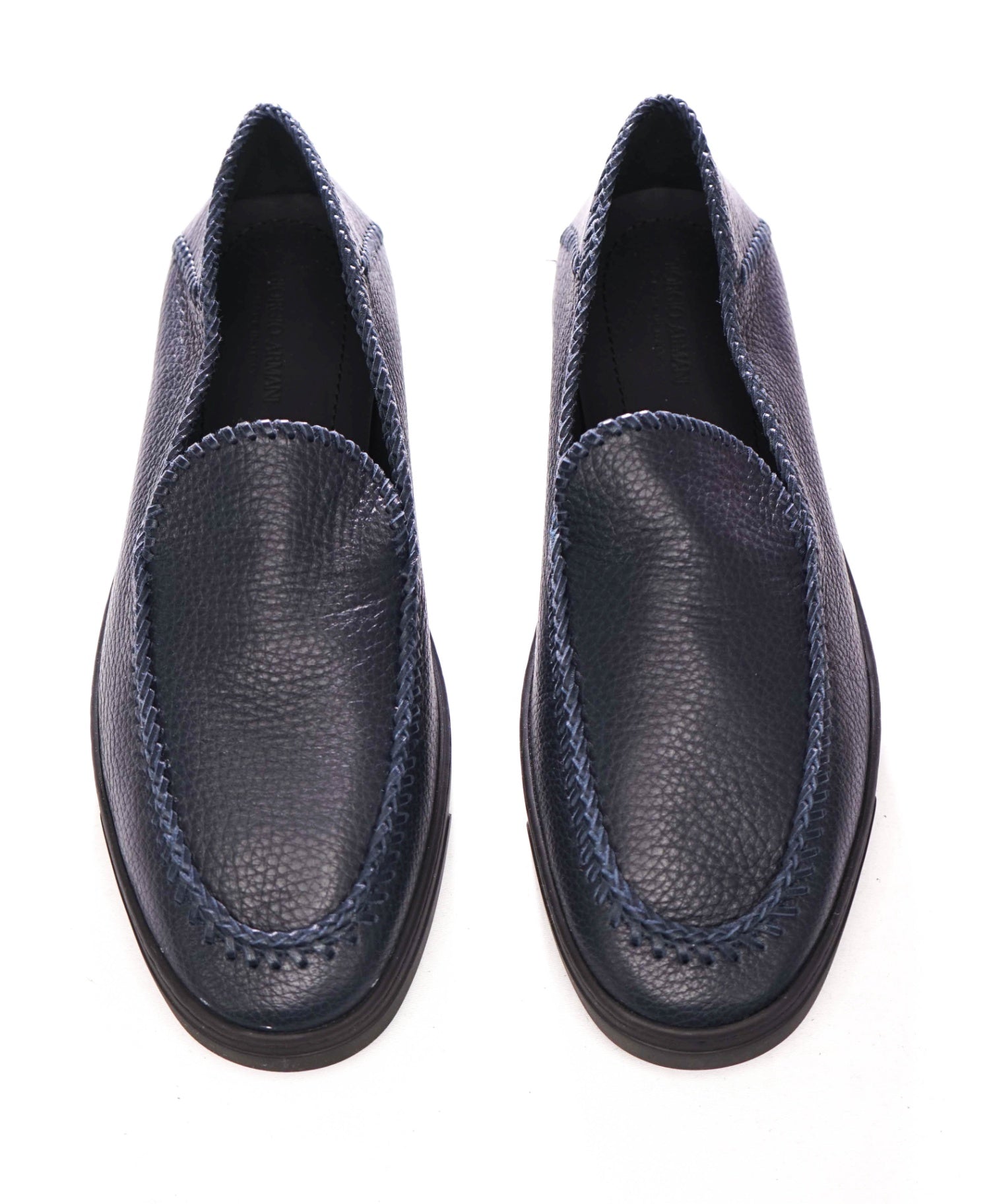 $1,400 GIORGIO ARMANI - Navy Blue Leather Whipstitch-detail Loafers - 9.5