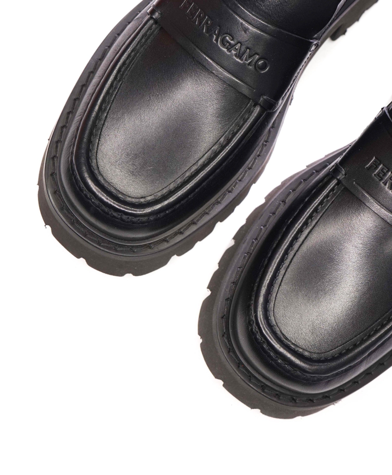 $995 FERRAGAMO - Leather Black "FERGAL" Lug Sole Loafers - 10.5 EE