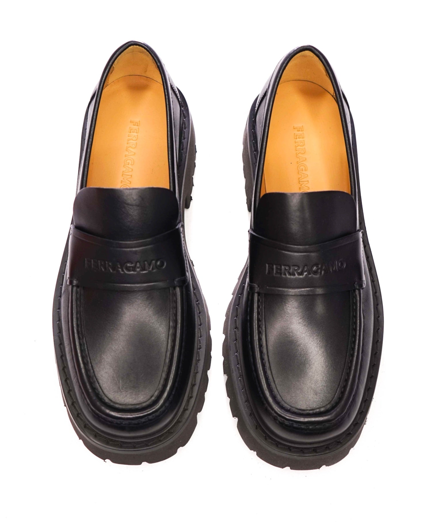 $995 FERRAGAMO - Leather Black "FERGAL" Lug Sole Loafers - 10.5 EE