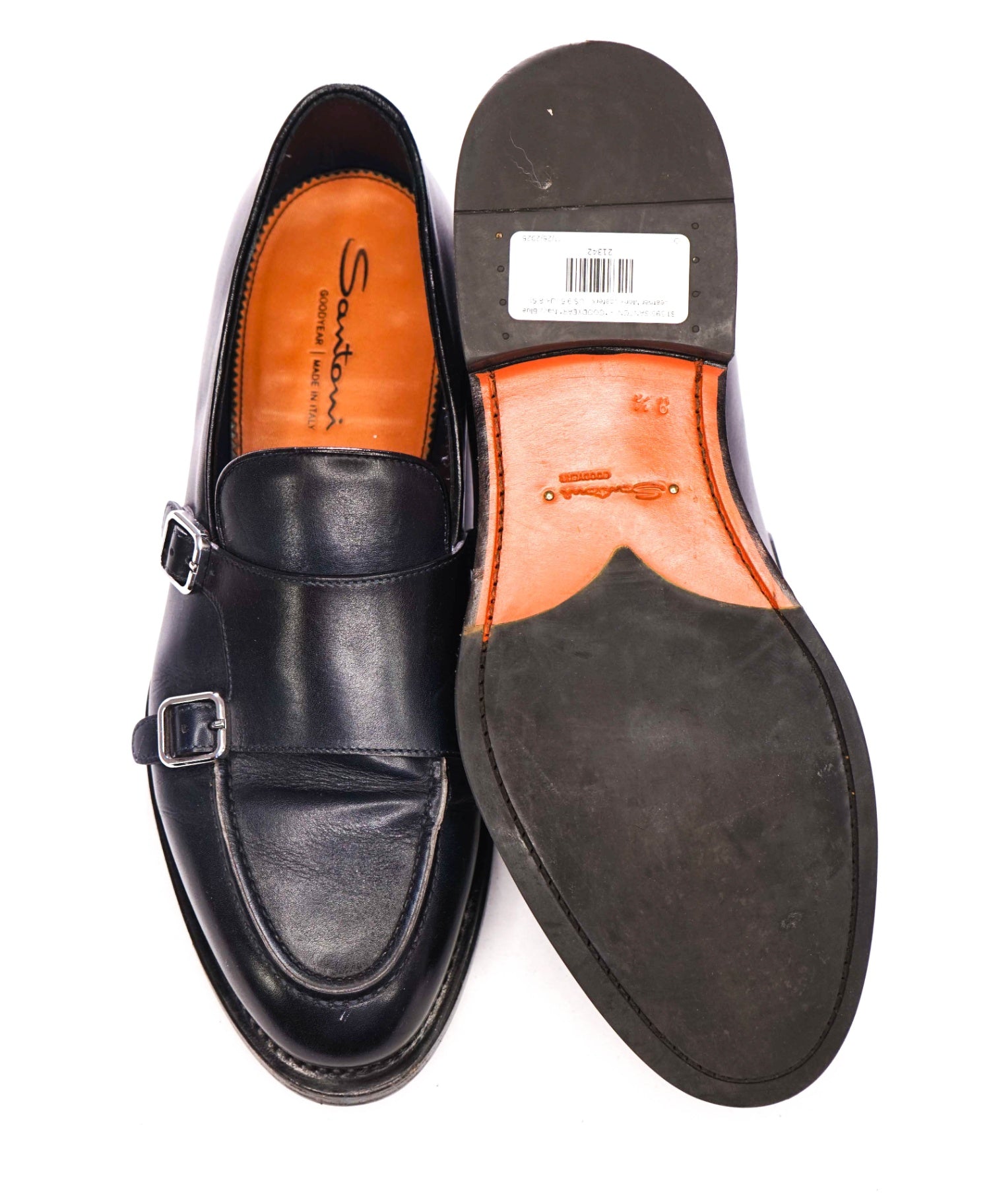 $1,595 SANTONI - *GOODYEAR* Navy Blue Leather Monk Loafers - US 9.5 (UK 8.5)