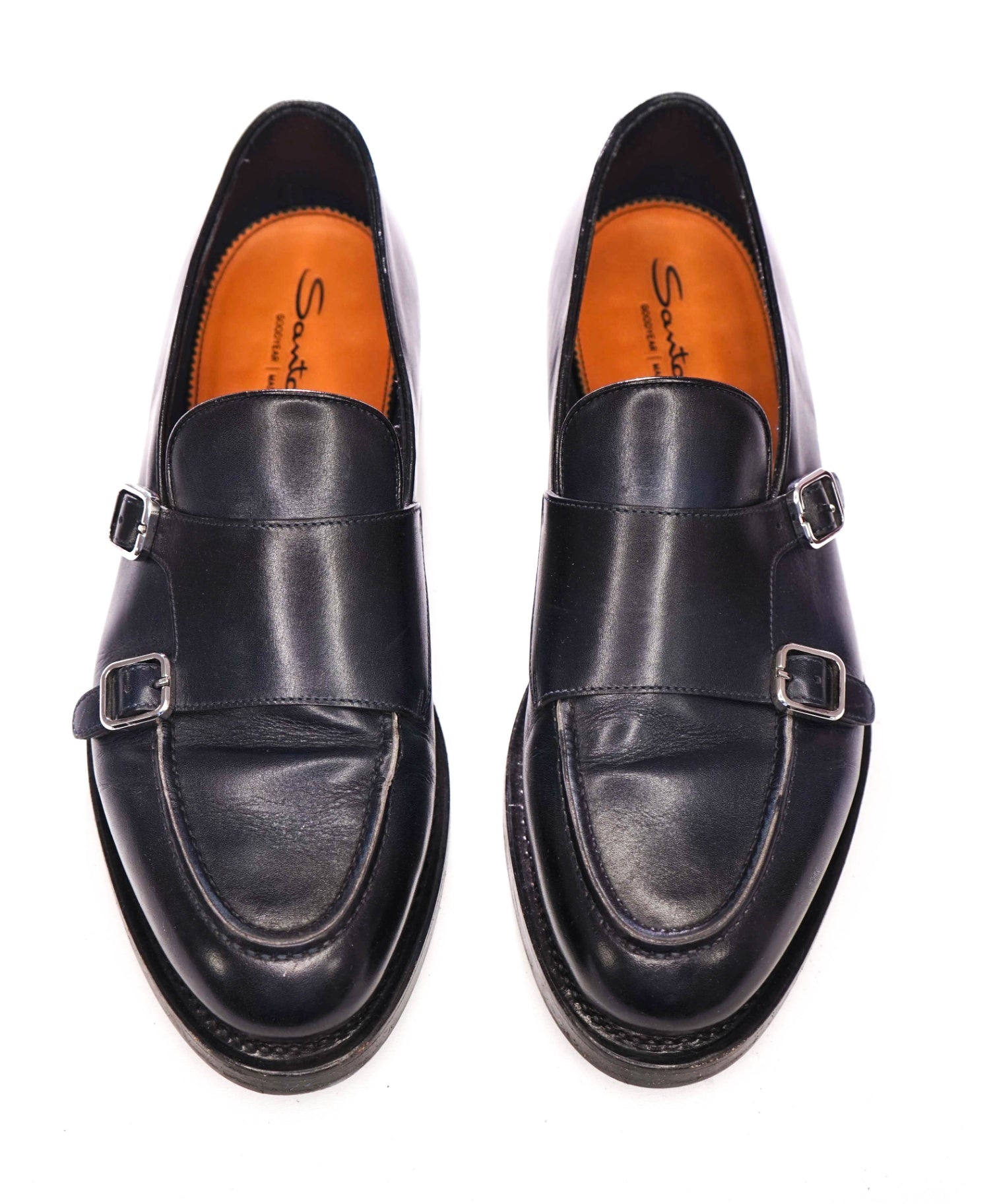 $1,595 SANTONI - *GOODYEAR* Navy Blue Leather Monk Loafers - US 9.5 (UK 8.5)