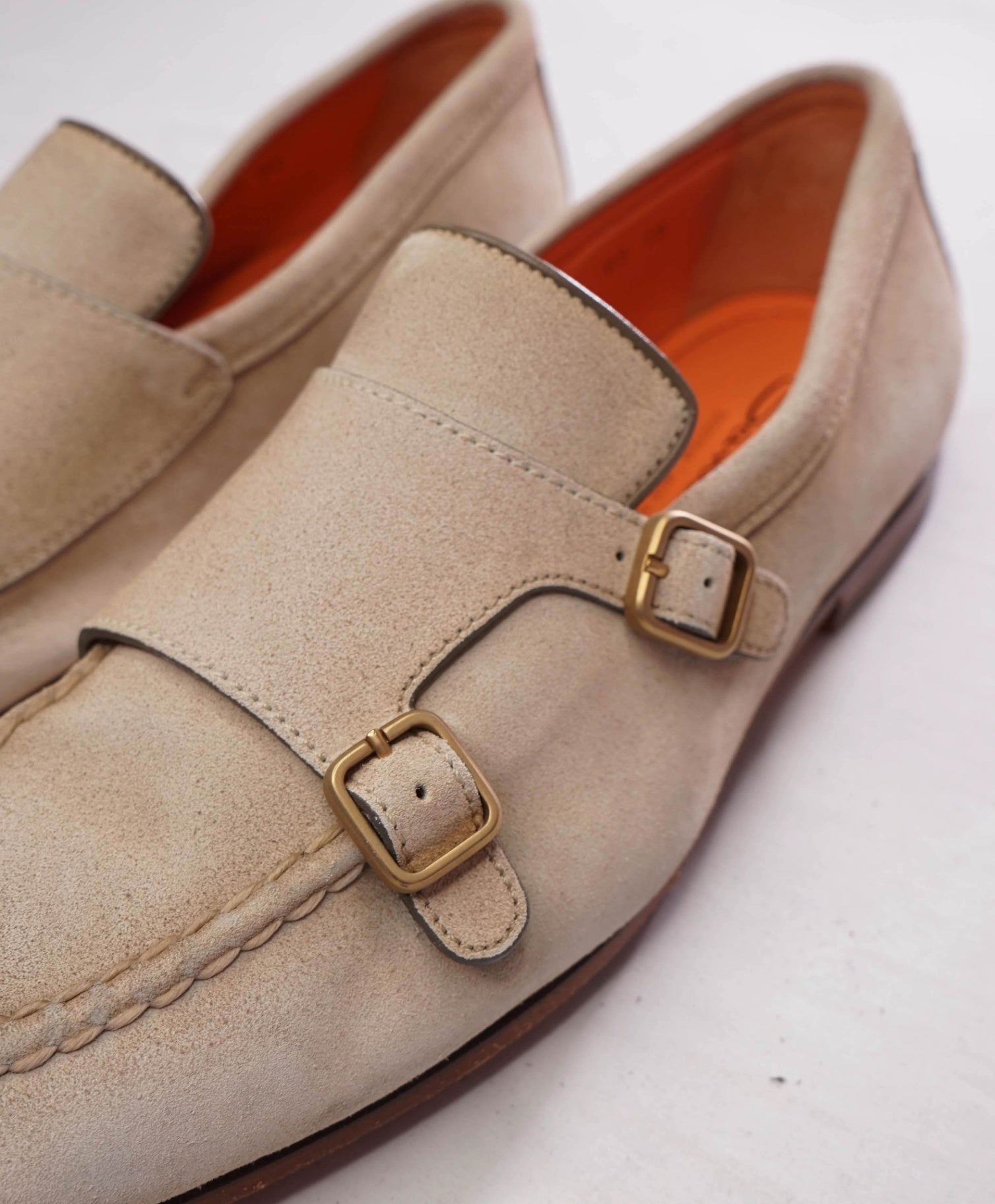 $990 SANTONI - Tan Suede "GOODYEAR" Monk Strap Loafers - US 10 (UK9)