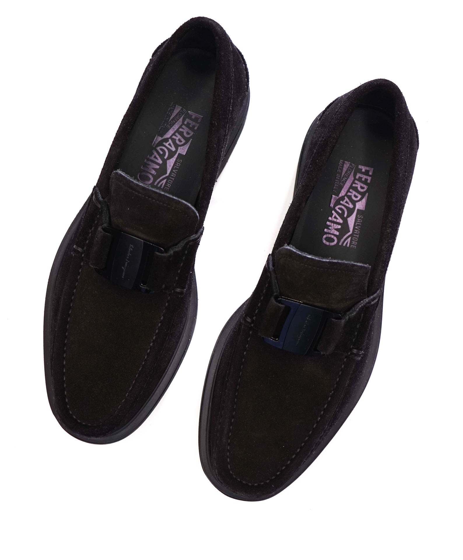 $850 FERRAGAMO - Black Suede *GRIMES* Sardegna Buckle Loafers - 8 D