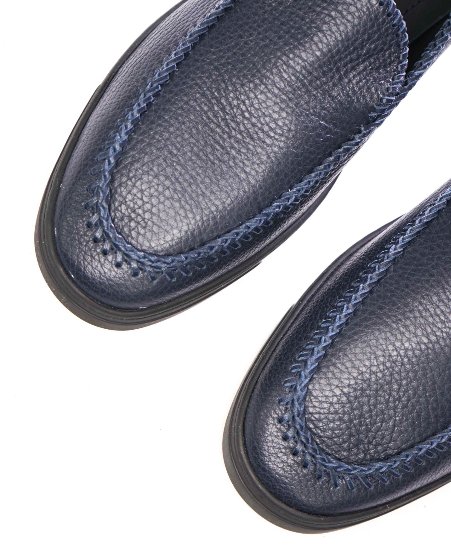 $1,400 GIORGIO ARMANI - Navy Blue Leather Whipstitch-detail Loafers - 9.5