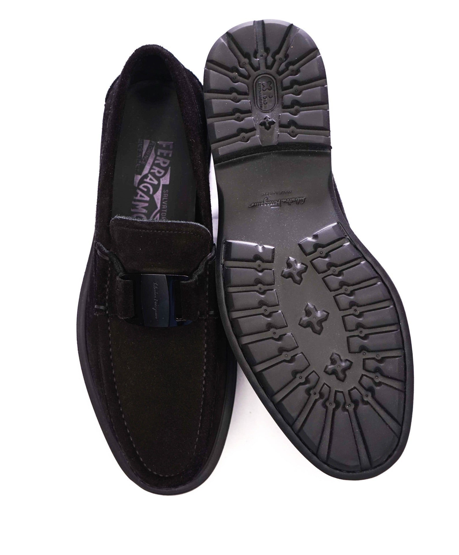 $850 FERRAGAMO - Black Suede *GRIMES* Sardegna Buckle Loafers - 8 D