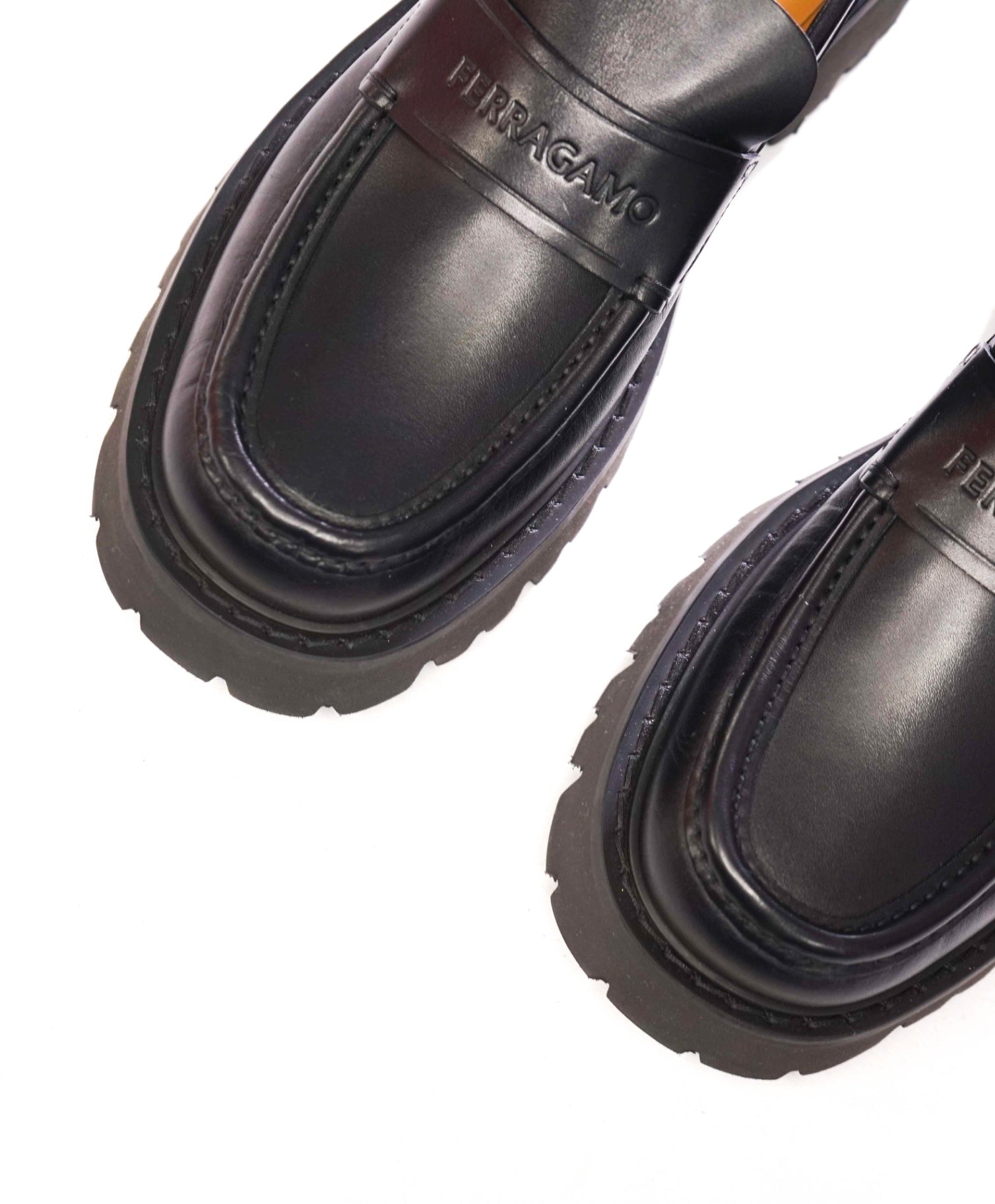 $995 FERRAGAMO - Leather Black "FERGAL" Lug Sole Loafers - 8.5 EE