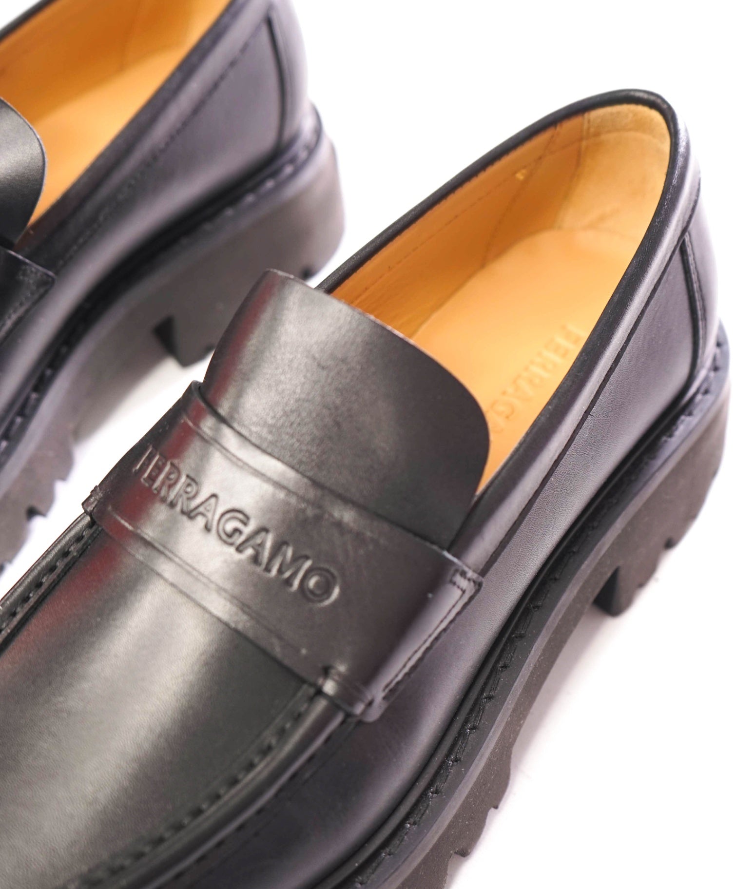 $995 FERRAGAMO - Leather Black "FERGAL" Lug Sole Loafers - 8.5 EE