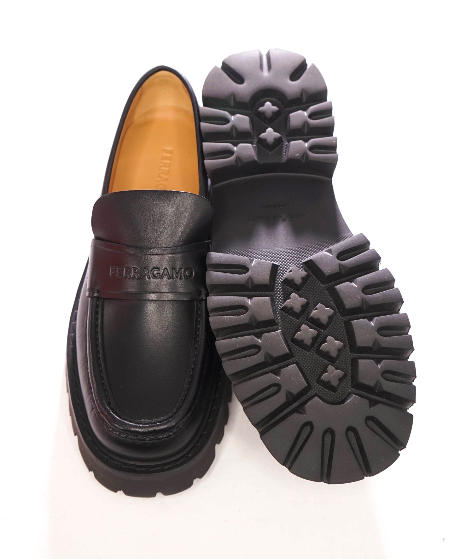 $995 FERRAGAMO - Leather Black "FERGAL" Lug Sole Loafers - 8.5 EE