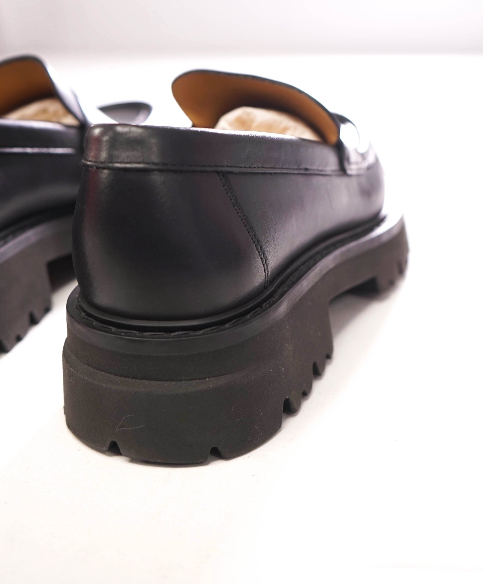 $995 FERRAGAMO - Leather Black "FERGAL" Lug Sole Loafers - 8.5 EE