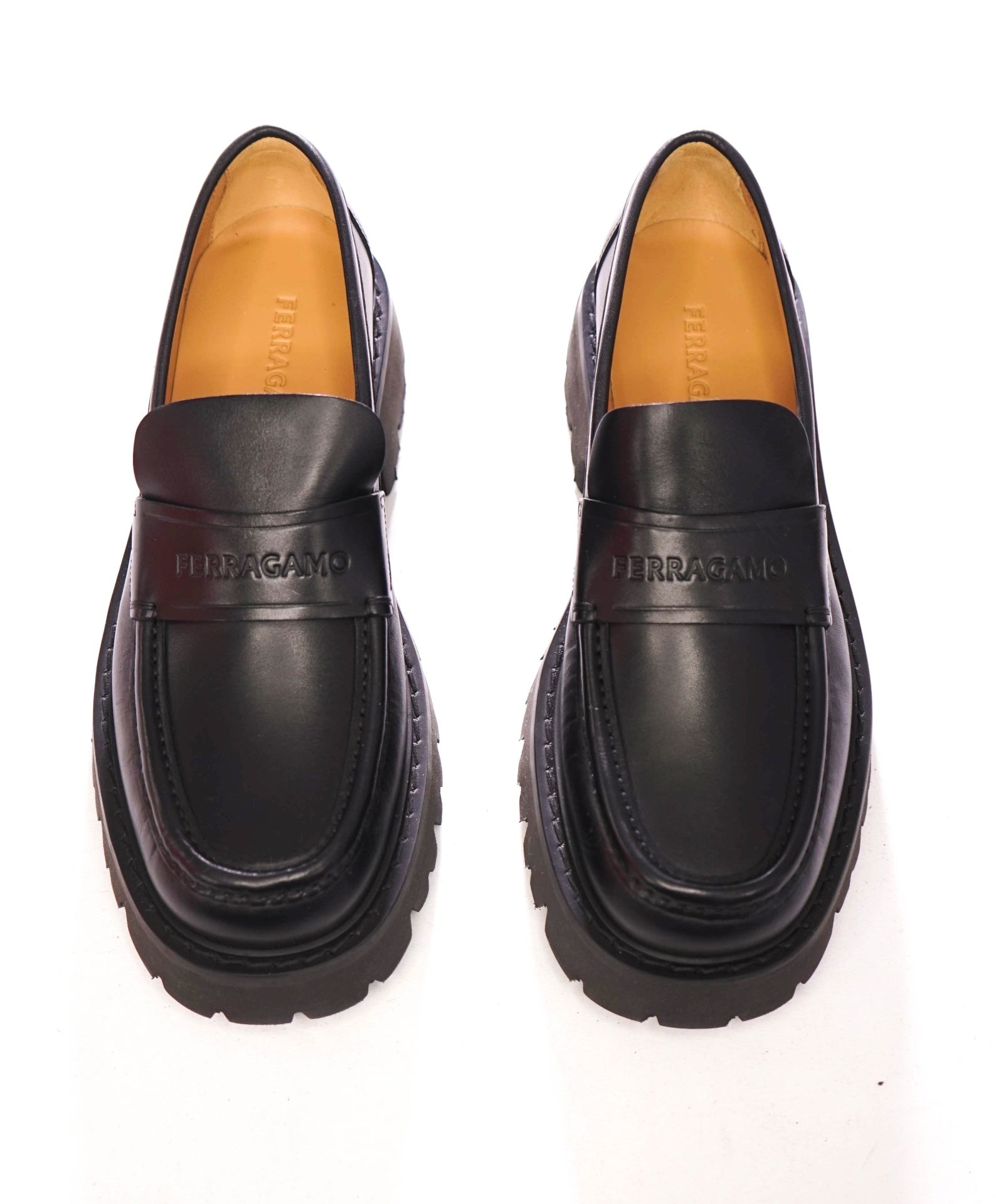 $995 FERRAGAMO - Leather Black "FERGAL" Lug Sole Loafers - 8.5 EE