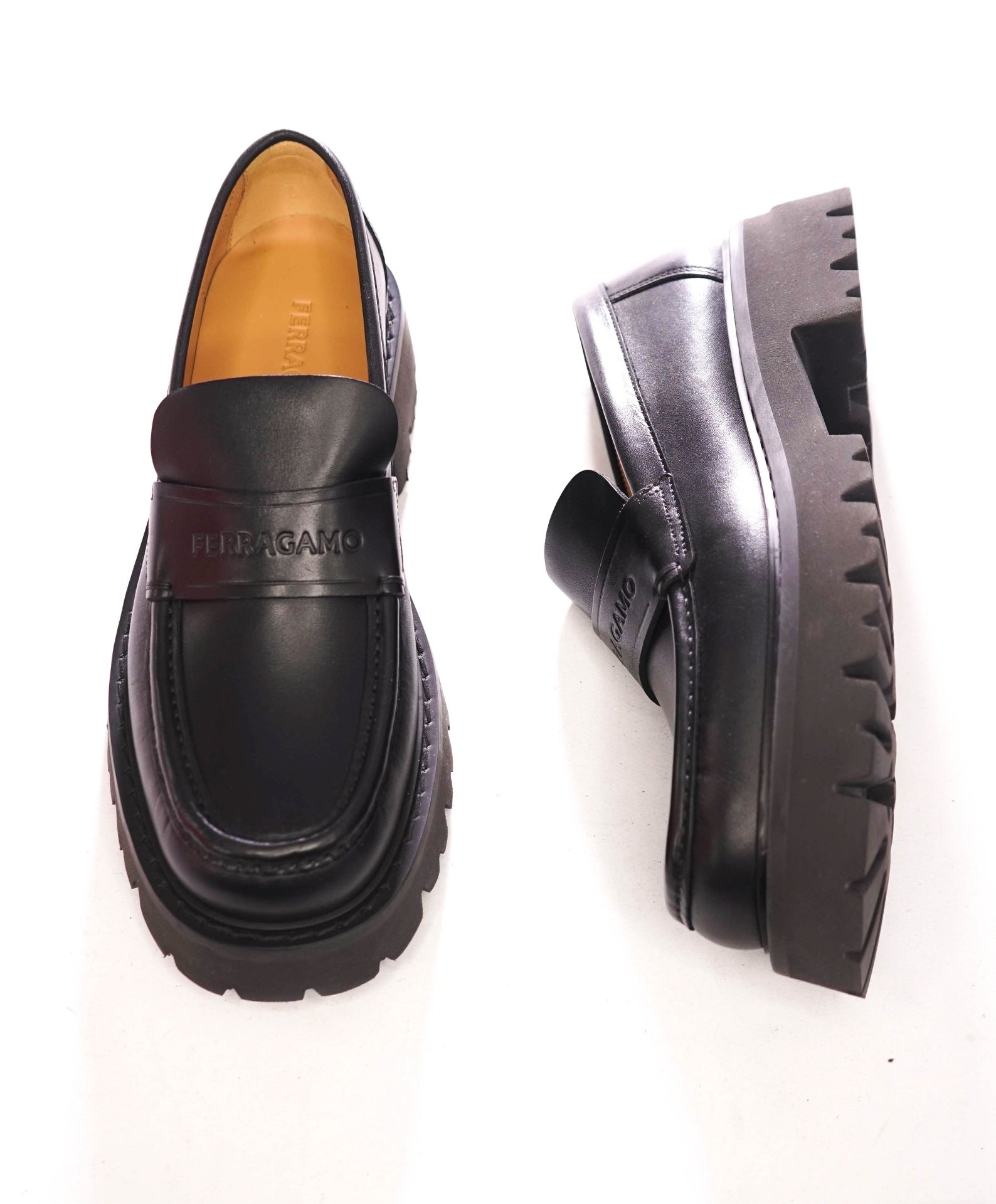 $995 FERRAGAMO - Leather Black "FERGAL" Lug Sole Loafers - 8.5 EE
