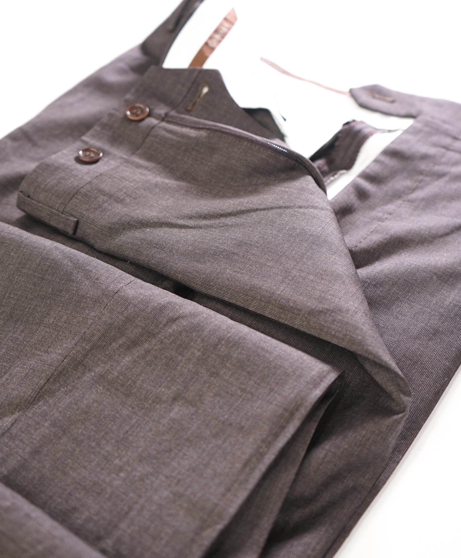 $625 CANALI - Solid Brown Wool Flat Front Dress Pants - 34W