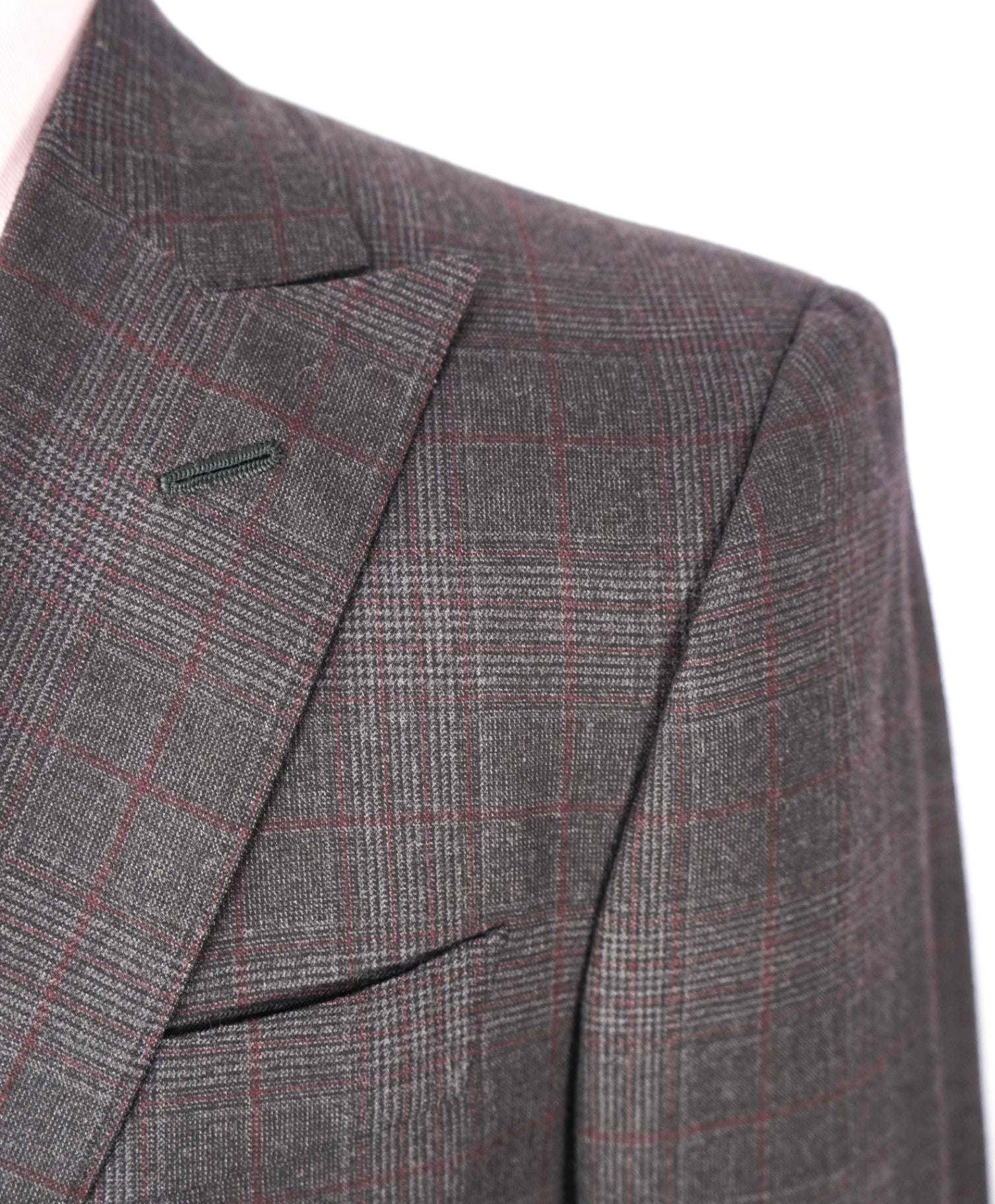 $5,400 ISAIA - Gray/Red Check Peak Lapel Suit - Custom: Fits 40R (52EU Tag)