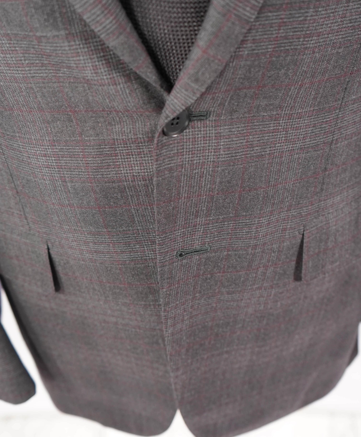 $5,400 ISAIA - Gray/Red Check Peak Lapel Suit - Custom: Fits 40R (52EU Tag)