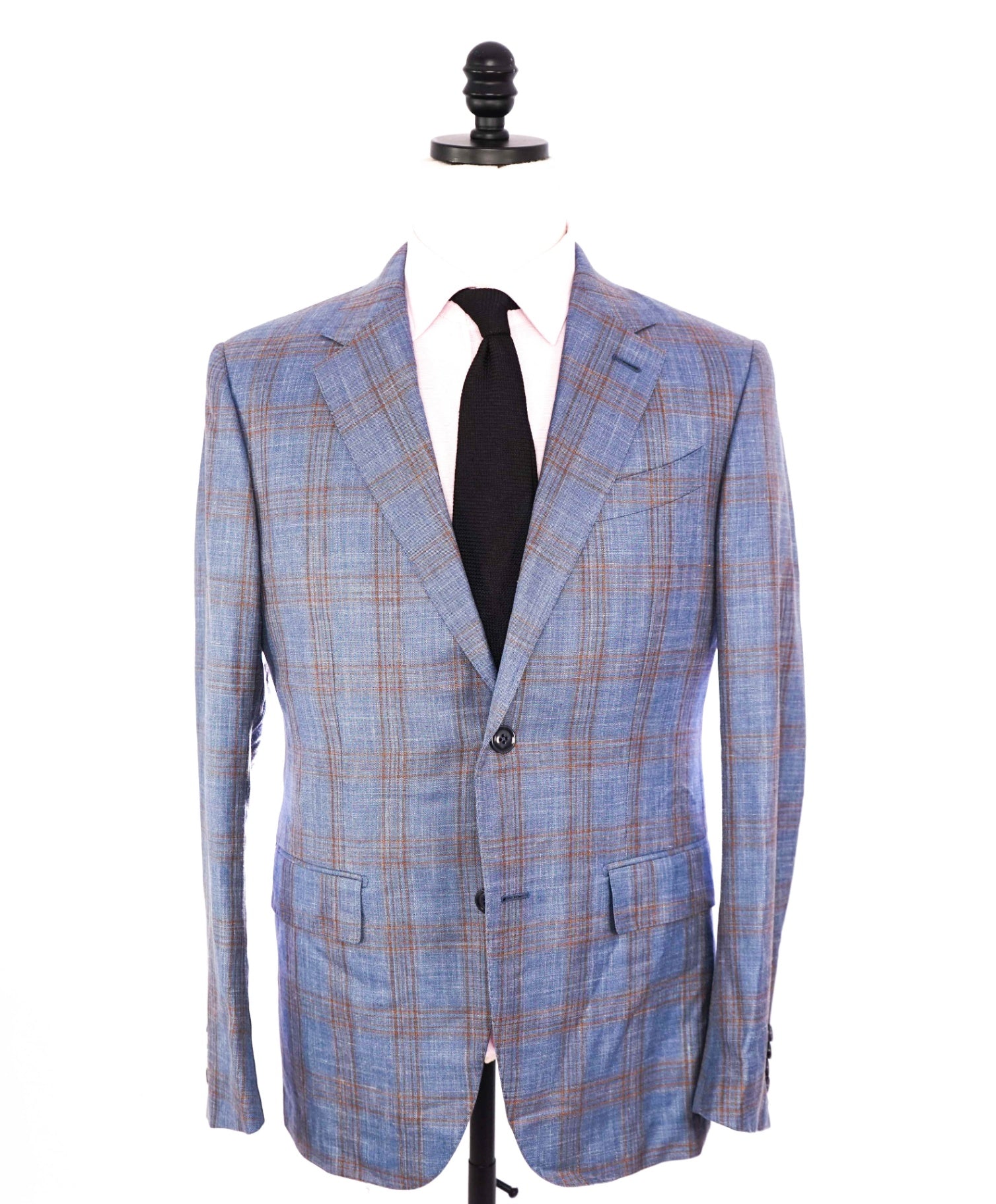 $3,295 ZEGNA - Blue Plaid Wool/Silk/Linen Blazer - 40R