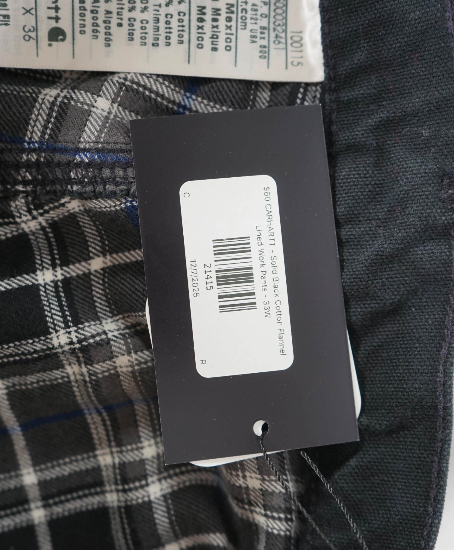 CARHARTT - Solid Black Cotton Flannel Lined Work Pants - 33W