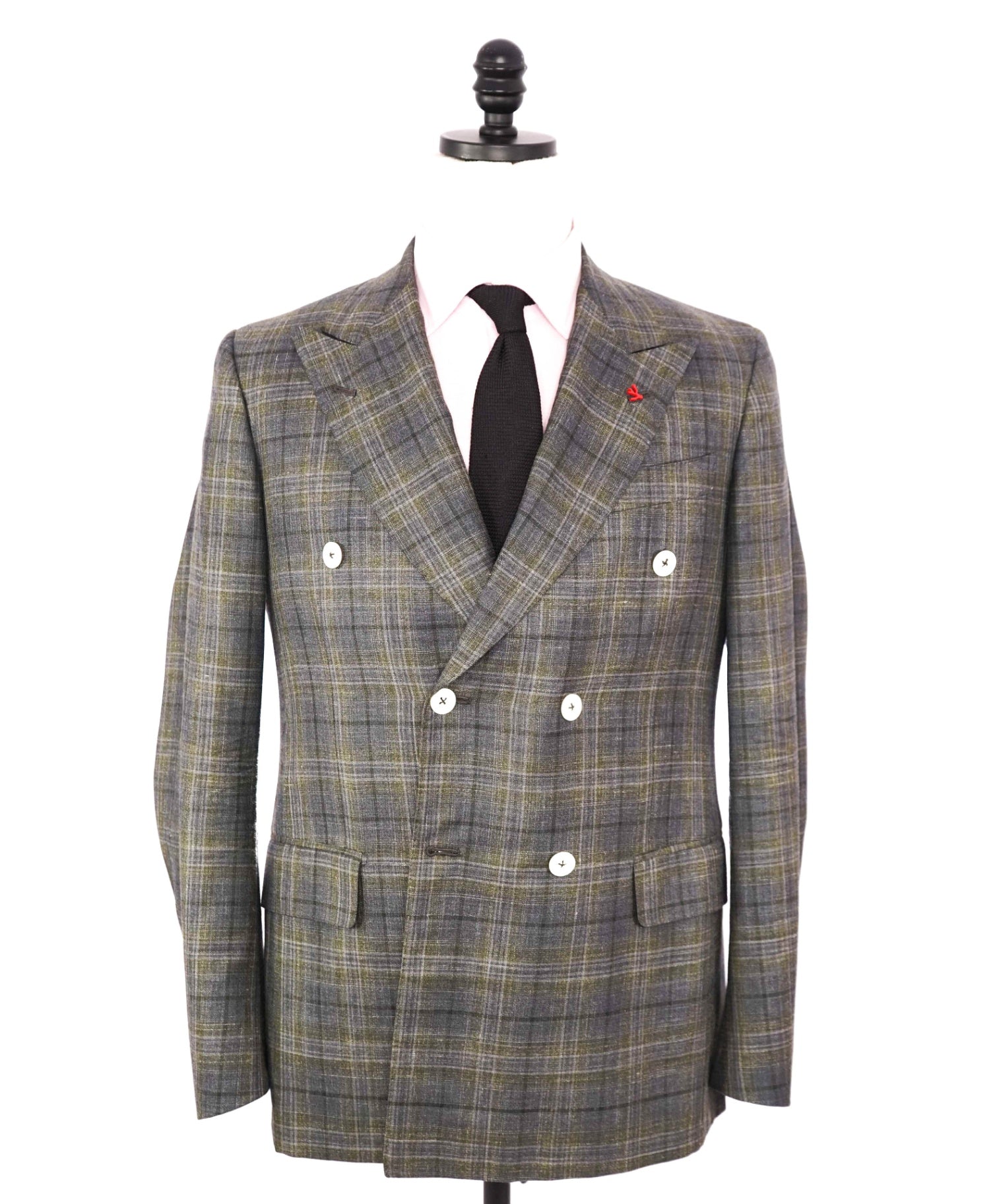 $5,225 ISAIA - Green Cashmere/Silk/Linen Double Breasted Blazer -38R