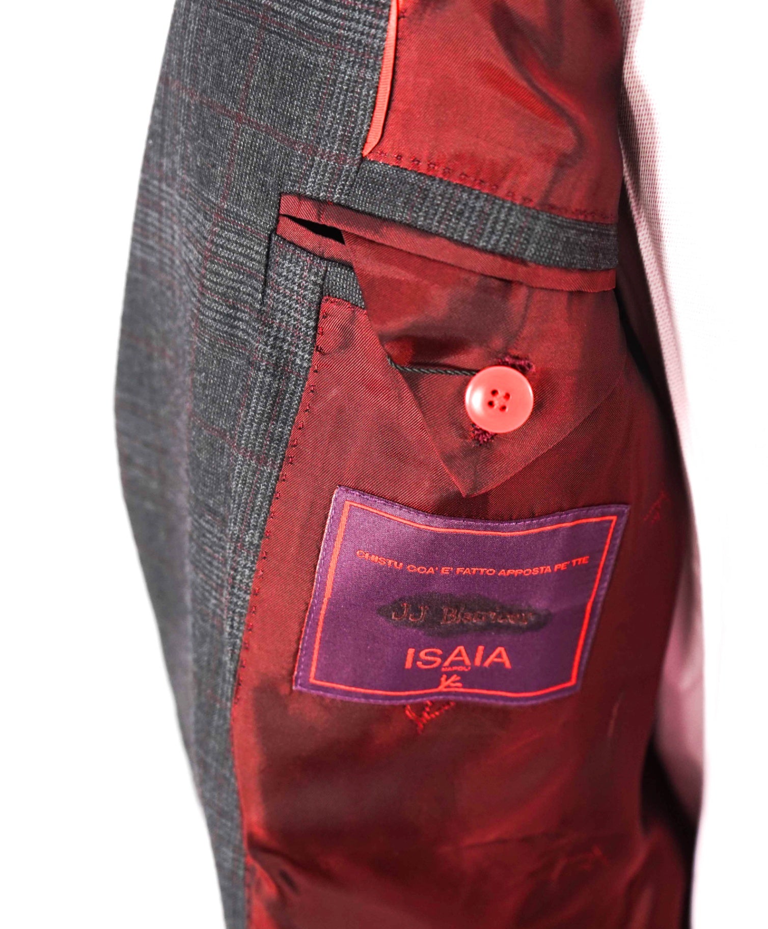$5,400 ISAIA - Gray/Red Check Peak Lapel Suit - Custom: Fits 40R (52EU Tag)
