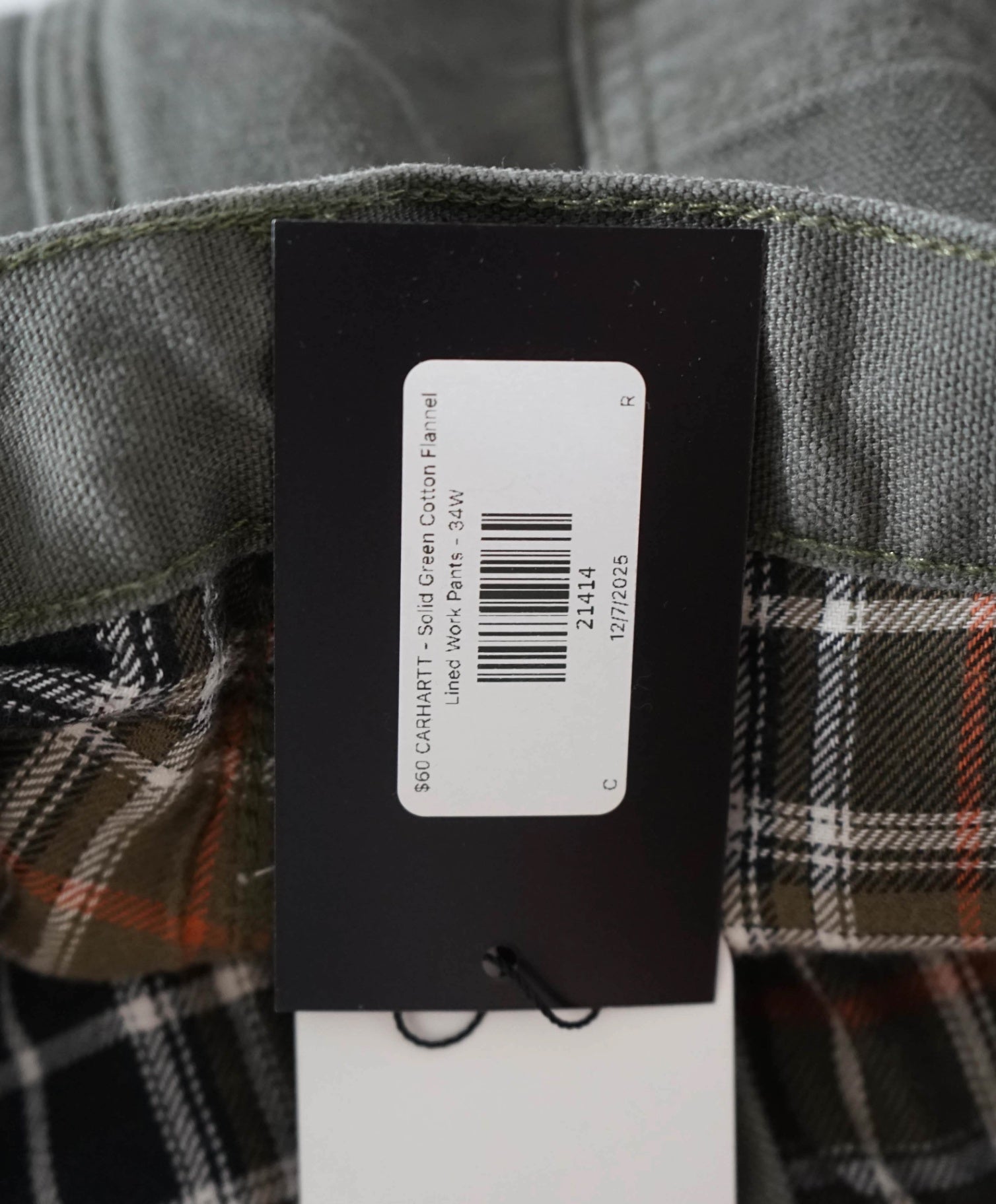 CARHARTT - Solid Green Cotton Flannel Lined Work Pants - 34W