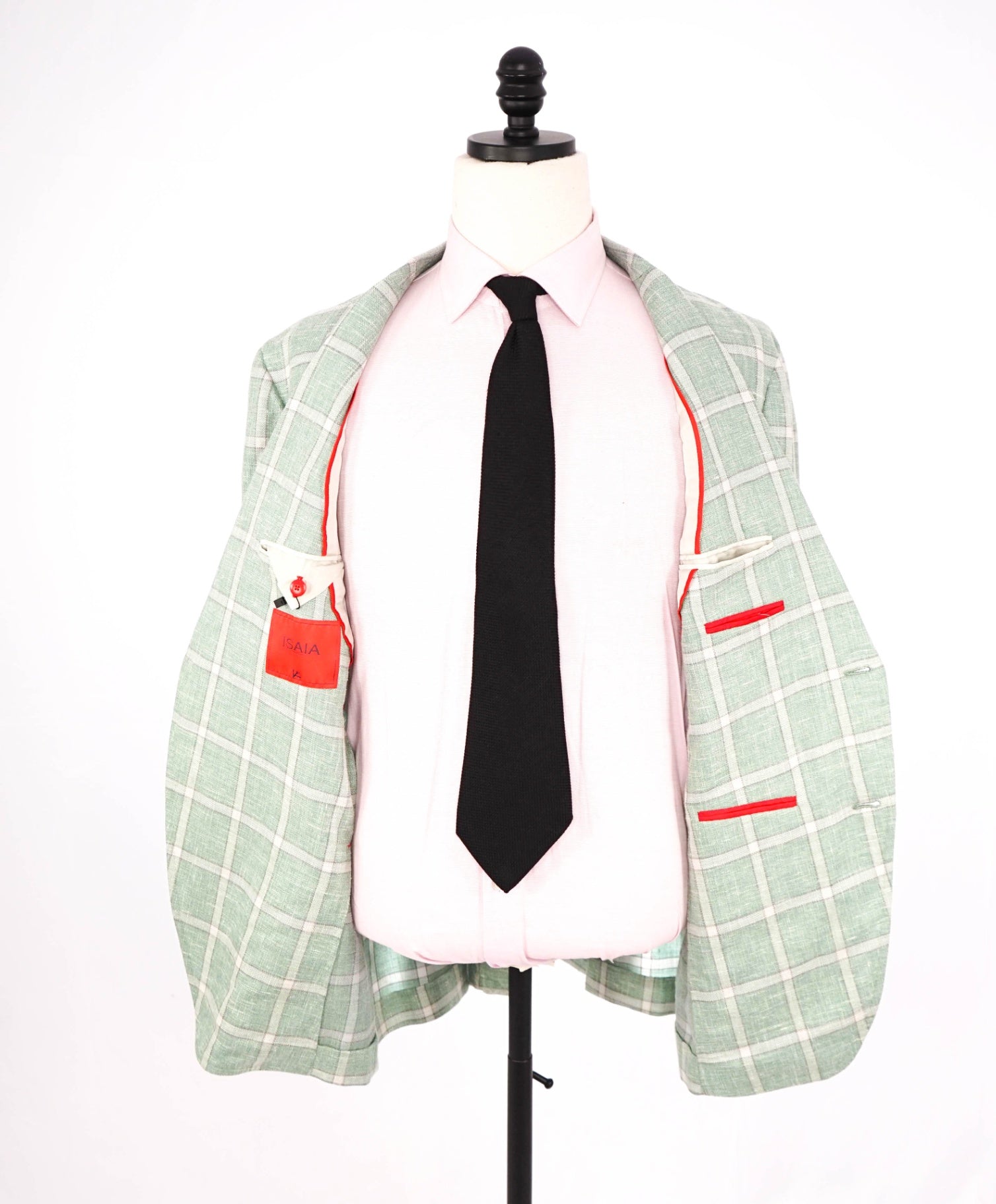 $4,295 ISAIA - Green Windowpane Check Wool/Silk/Linen Blazer - 46R