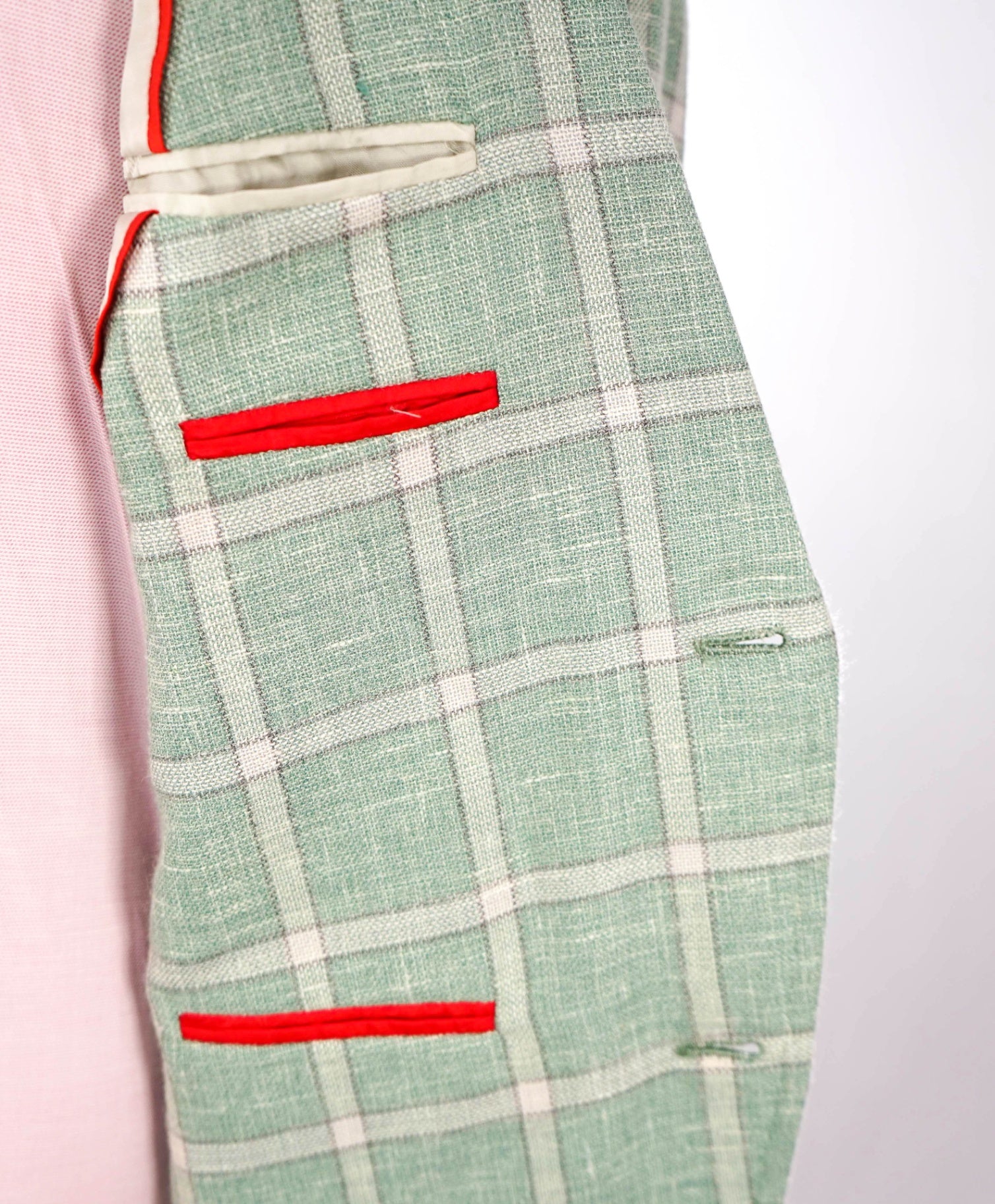 $4,295 ISAIA - Green Windowpane Check Wool/Silk/Linen Blazer - 46R