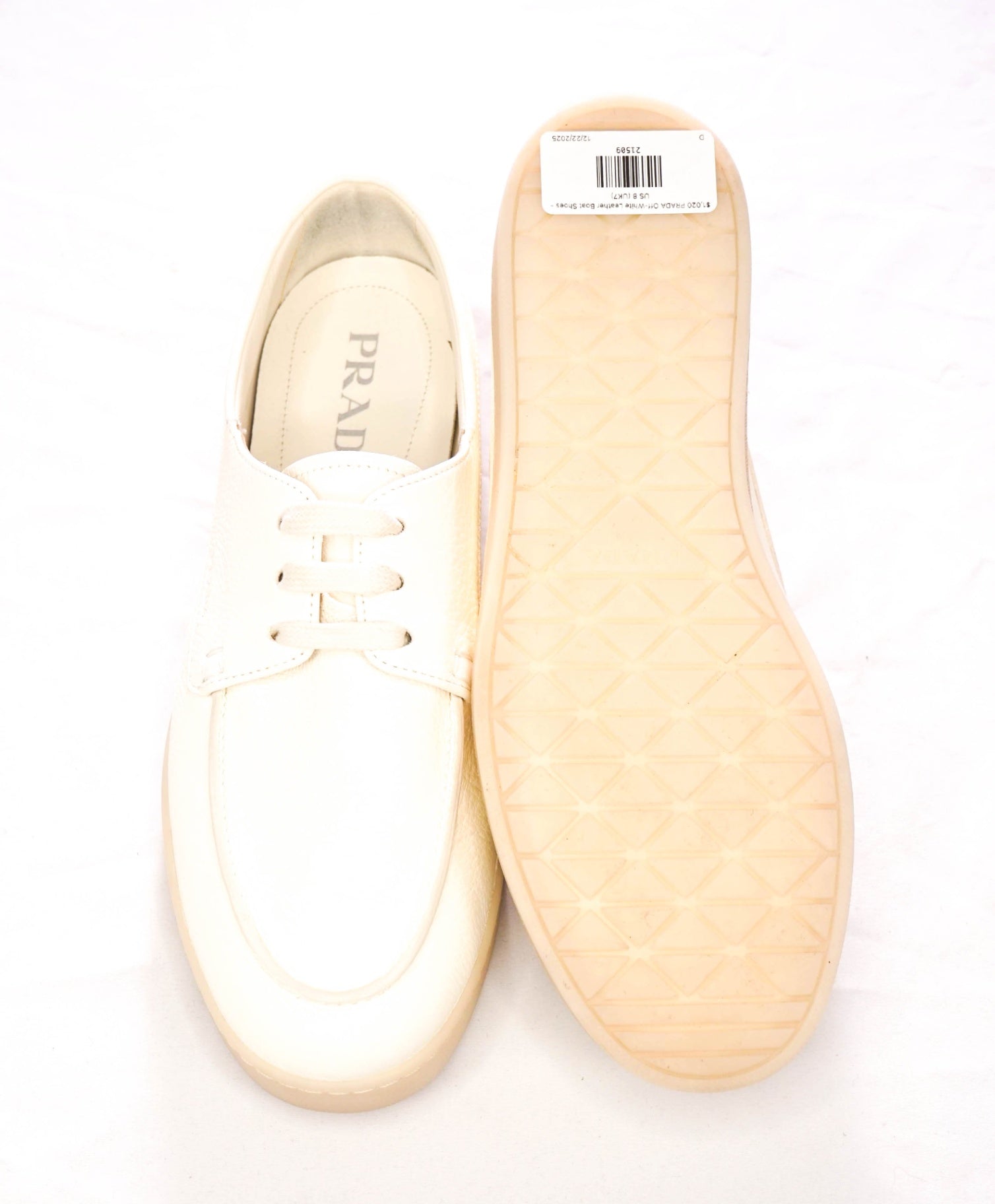 $1,020 PRADA - Off-White Leather Boat Shoes - US 8 (UK7)