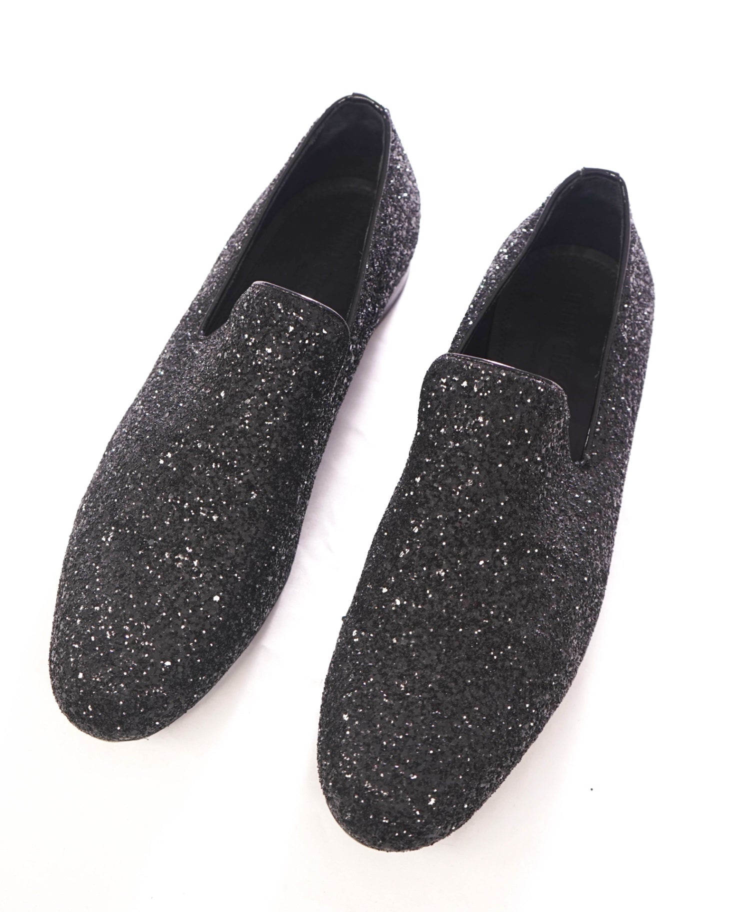 $900 JIMMY CHOO - Black Glitter Fabric Loafers - US 11 (44EU)