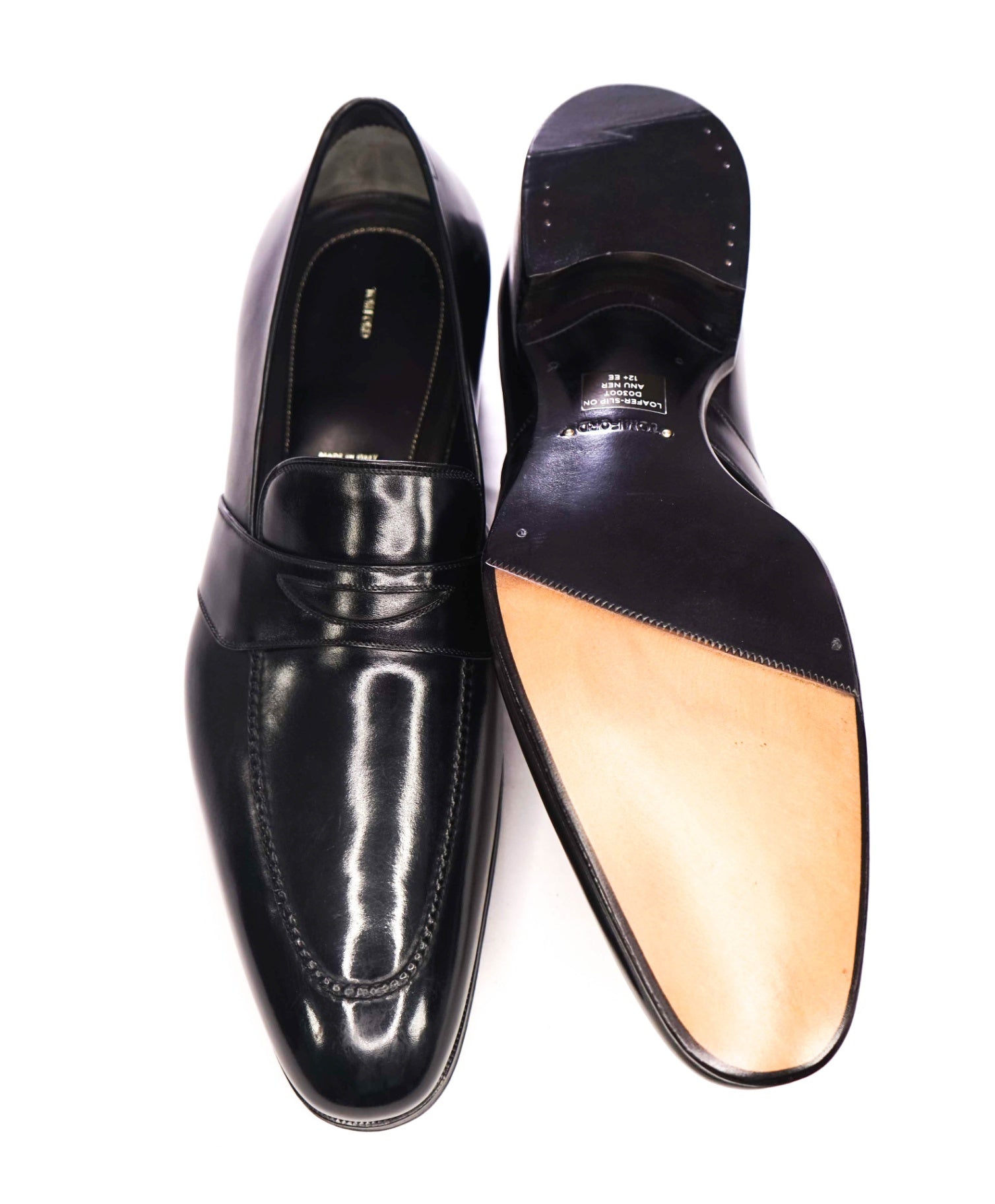 $1,790 TOM FORD - Black Leather Penny Loafers - US 13 EE (12.5TF)