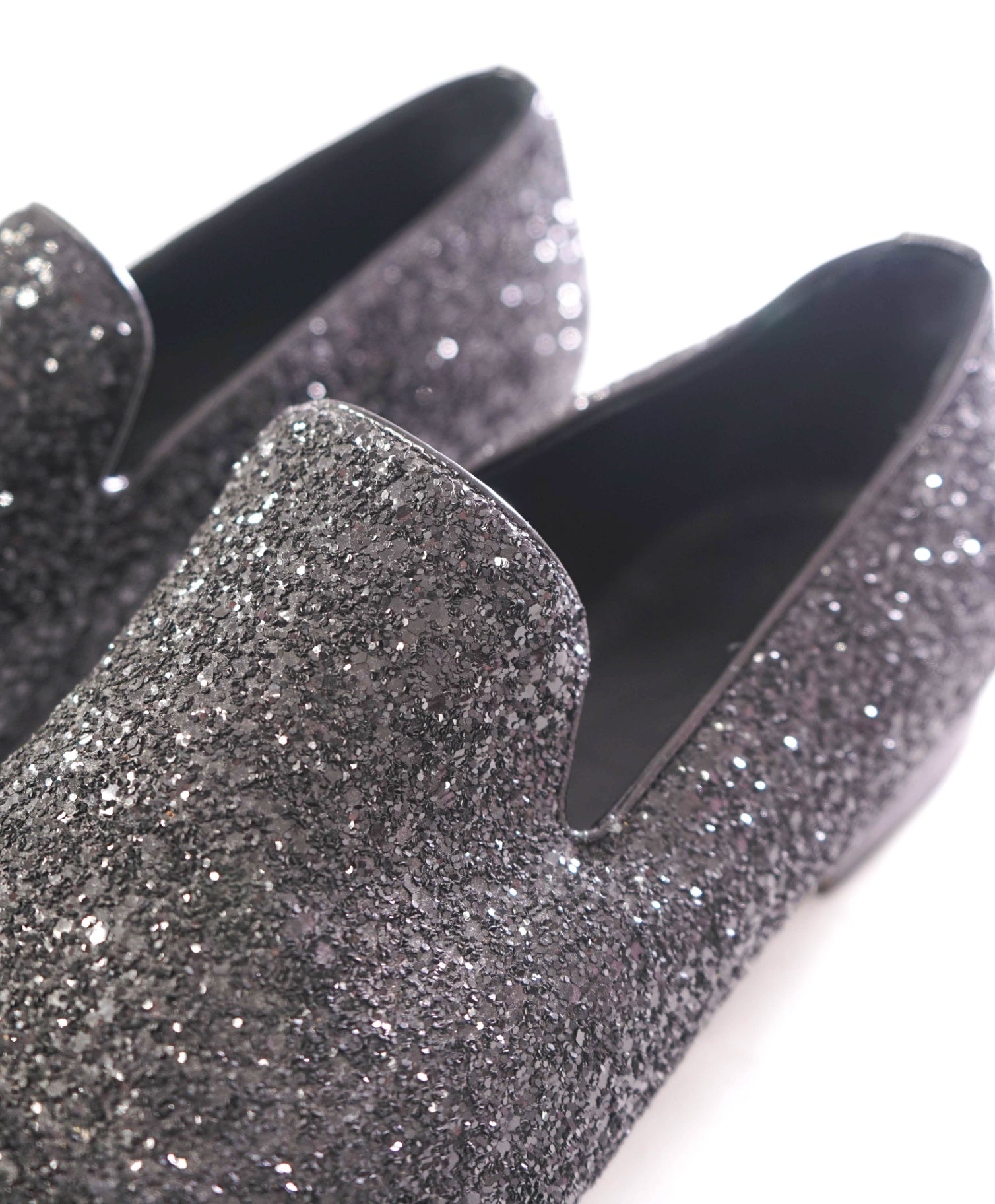 $900 JIMMY CHOO - Black Glitter Fabric Loafers - US 11 (44EU)