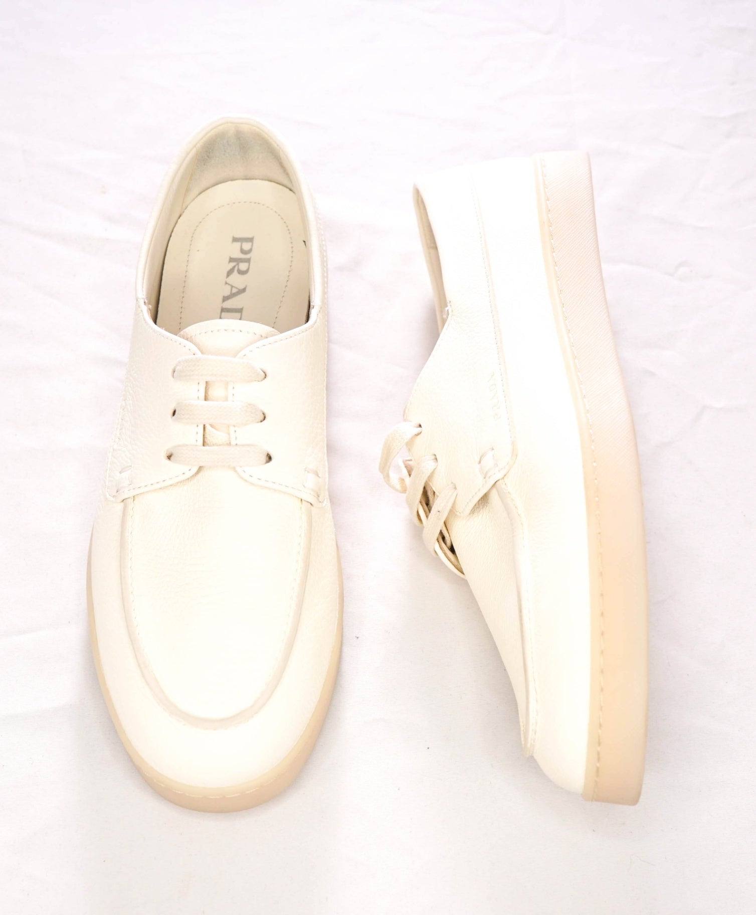 $1,020 PRADA - Off-White Leather Boat Shoes - US 8 (UK7)