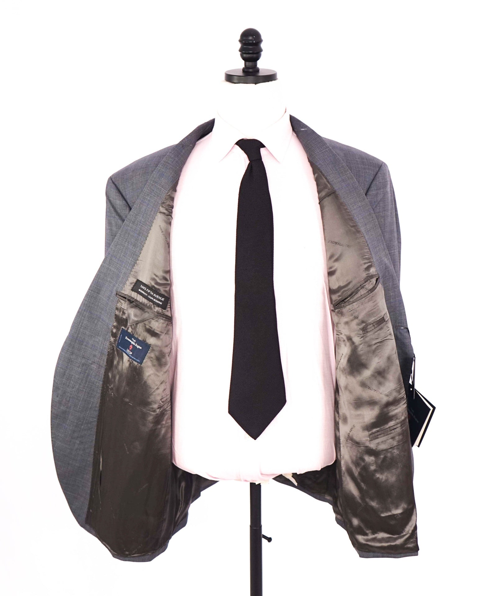 $995 ZEGNA For SAKS 5TH AVE - Modern Fit Gray Check Wool/Silk Blazer -48R