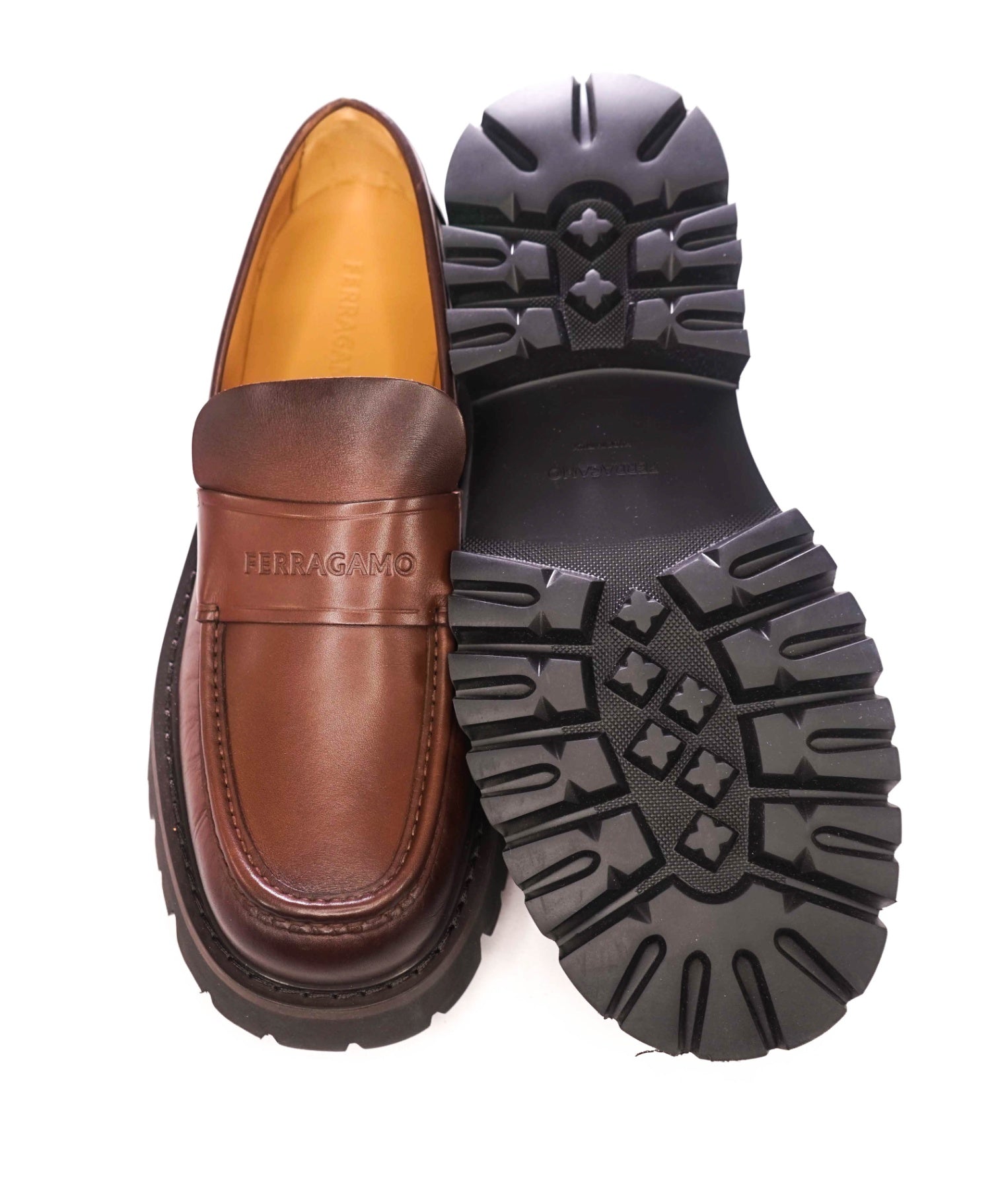 $995 FERRAGAMO - Leather Brown "FERGAL" Lug Sole Loafers - 9.5 EE