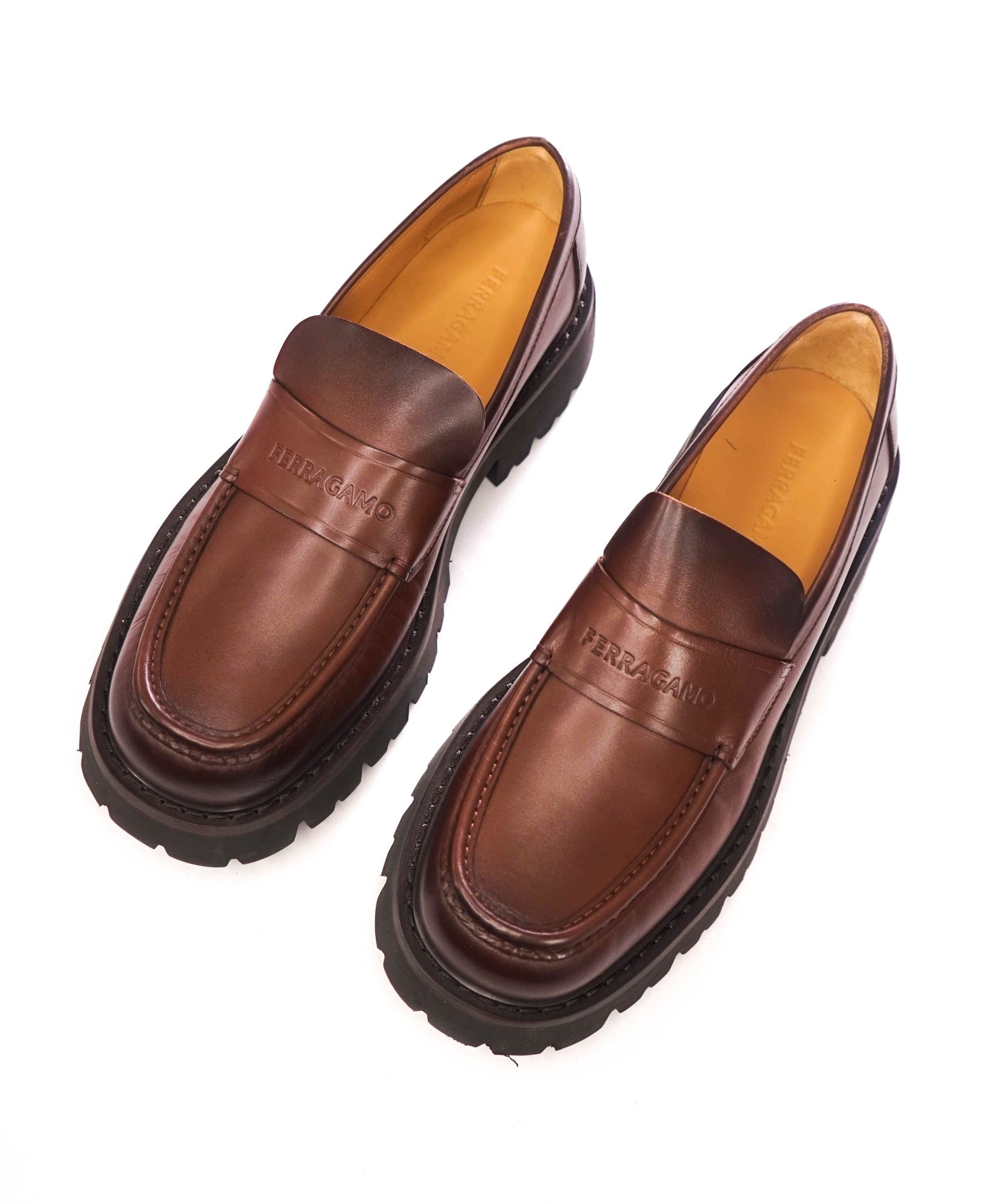 $995 FERRAGAMO - Leather Brown "FERGAL" Lug Sole Loafers - 9.5 EE