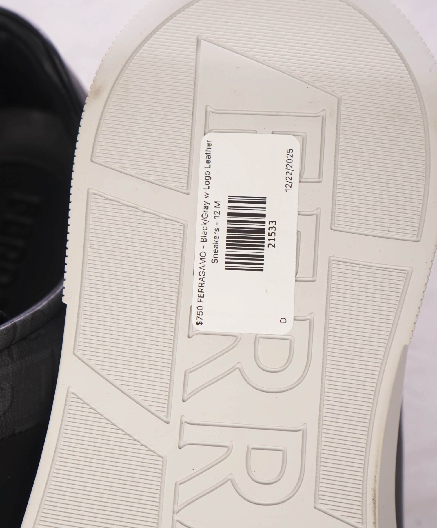 $750 FERRAGAMO - Black/Gray w Logo Leather Sneakers - 12 M