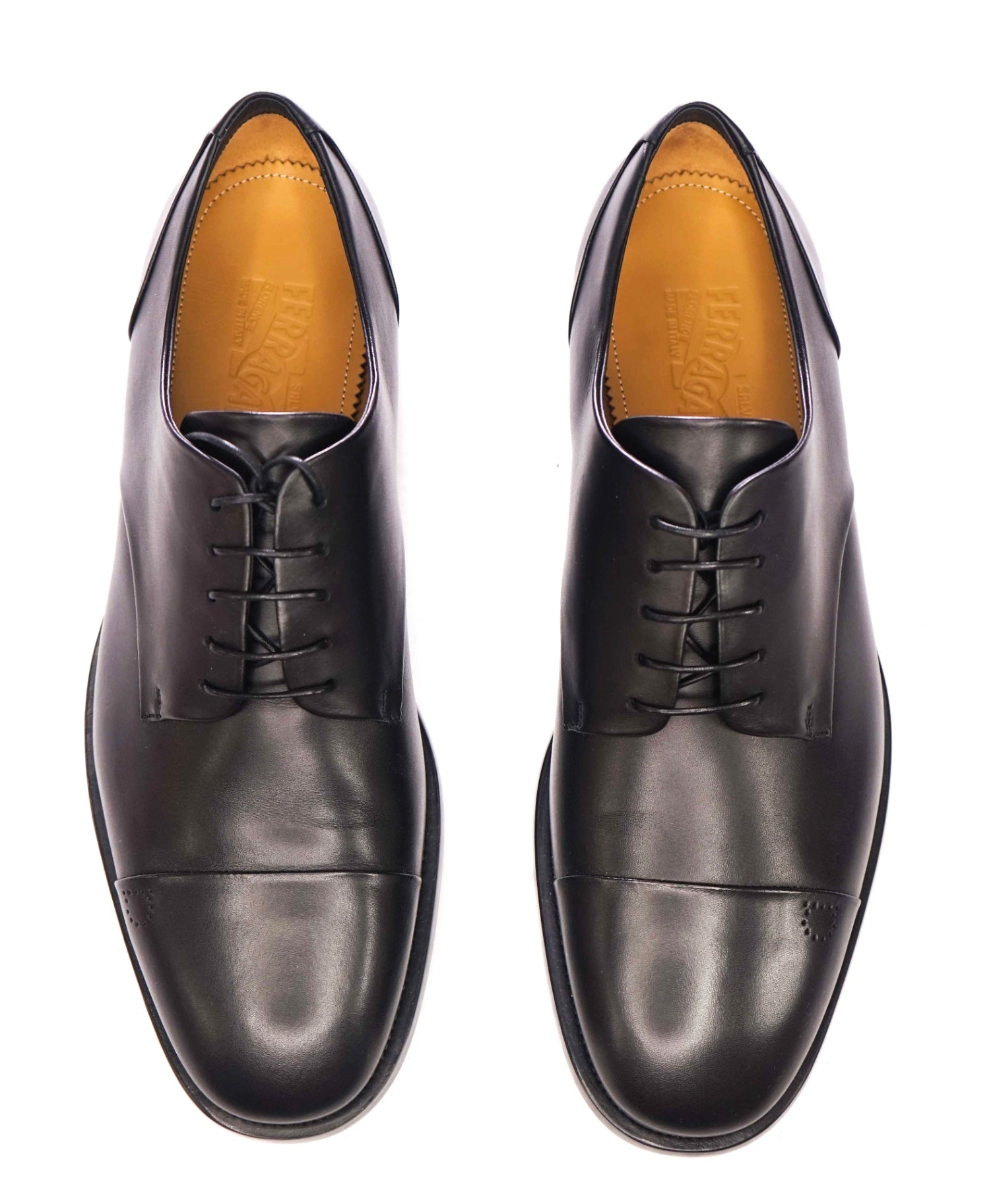 $895 FERRAGAMO - Black Leather "GAVINO" Logo Derby - 11 EE