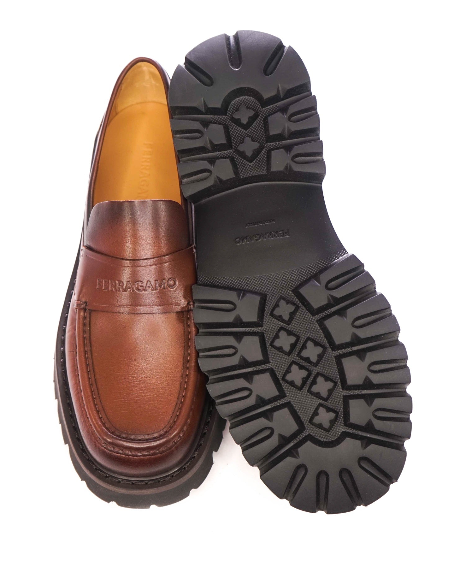 $995 FERRAGAMO - Leather Brown "FERGAL" Lug Sole Loafers - 10 EE