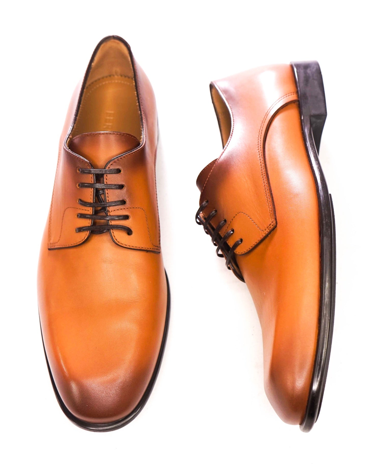 $880 FERRAGAMO - "FOSCO" Brown Patina Leather Derby - 7.5 D