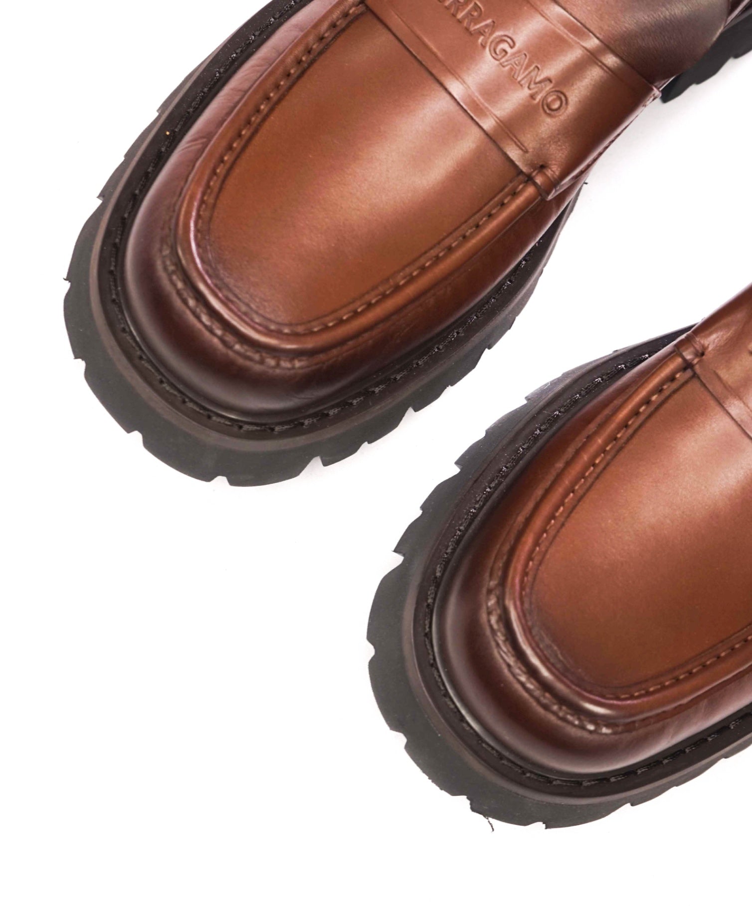 $995 FERRAGAMO - Leather Brown "FERGAL" Lug Sole Loafers - 12 EE