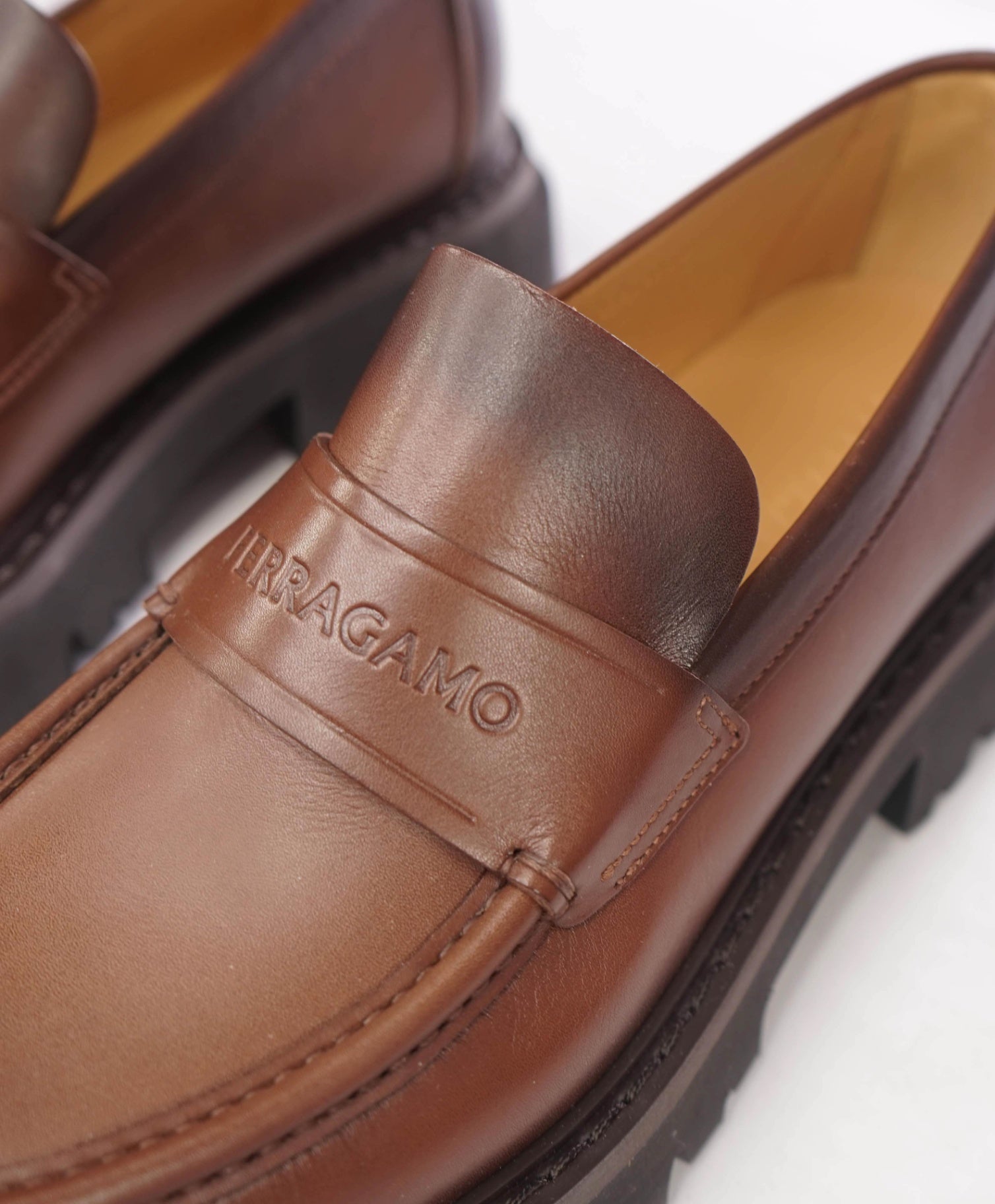 $995 FERRAGAMO - Leather Brown "FERGAL" Lug Sole Loafers - 10 EE