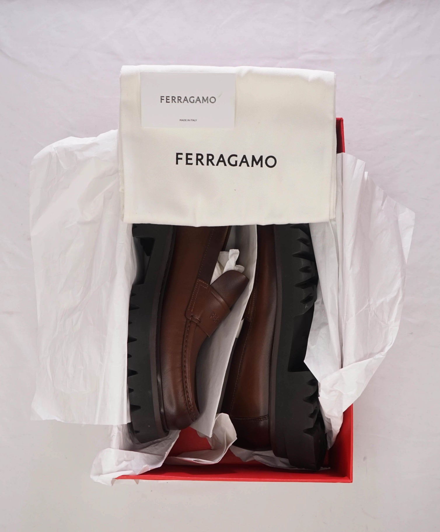 $995 FERRAGAMO - Leather Brown "FERGAL" Lug Sole Loafers - 10 EE