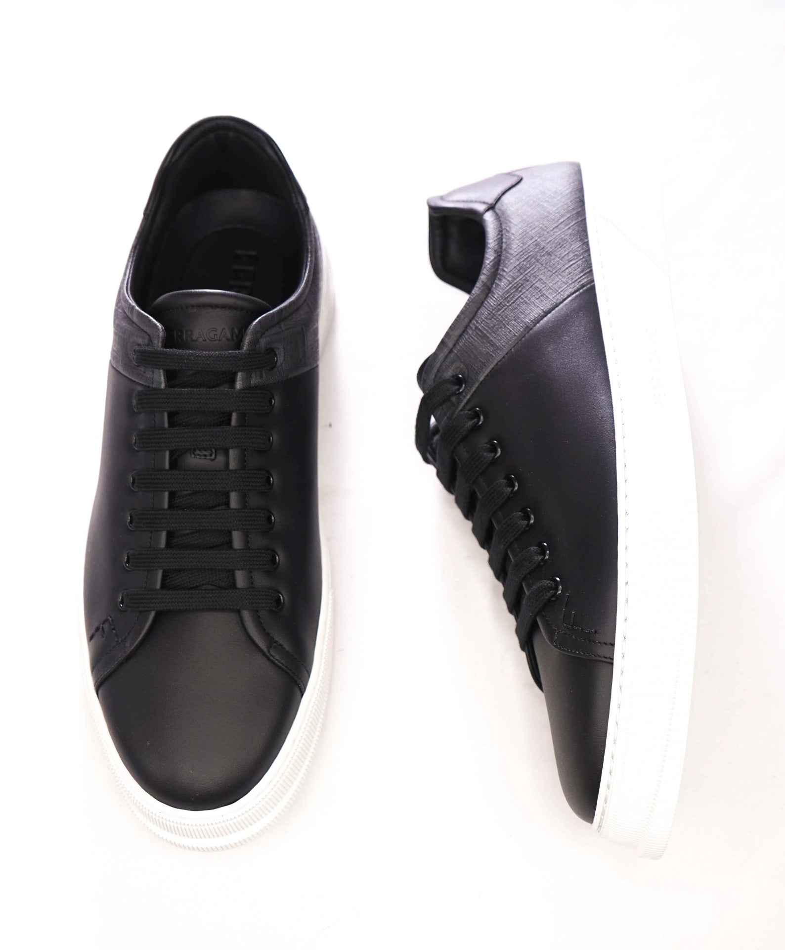 $750 FERRAGAMO - Black/Gray w Logo Leather Sneakers - 12 M