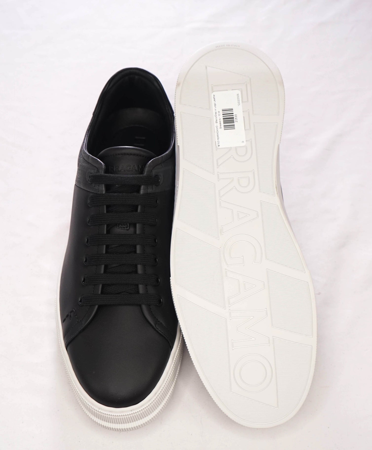 $750 FERRAGAMO - Black/Gray w Logo Leather Sneakers - 12 M