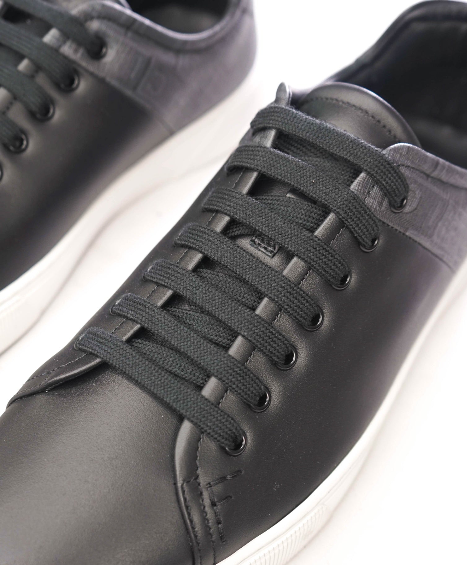 $750 FERRAGAMO - Black/Gray w Logo Leather Sneakers - 12 M